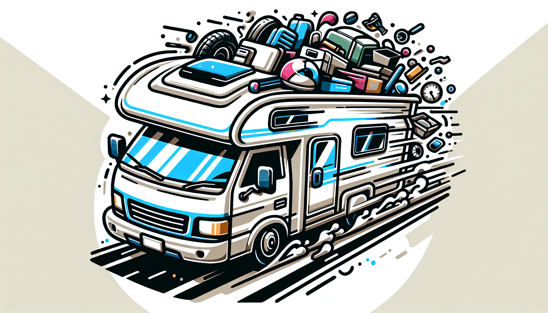 make a stylized motor home, vector image, a toyota sunrader, that is zooming down the road with things flying off it.