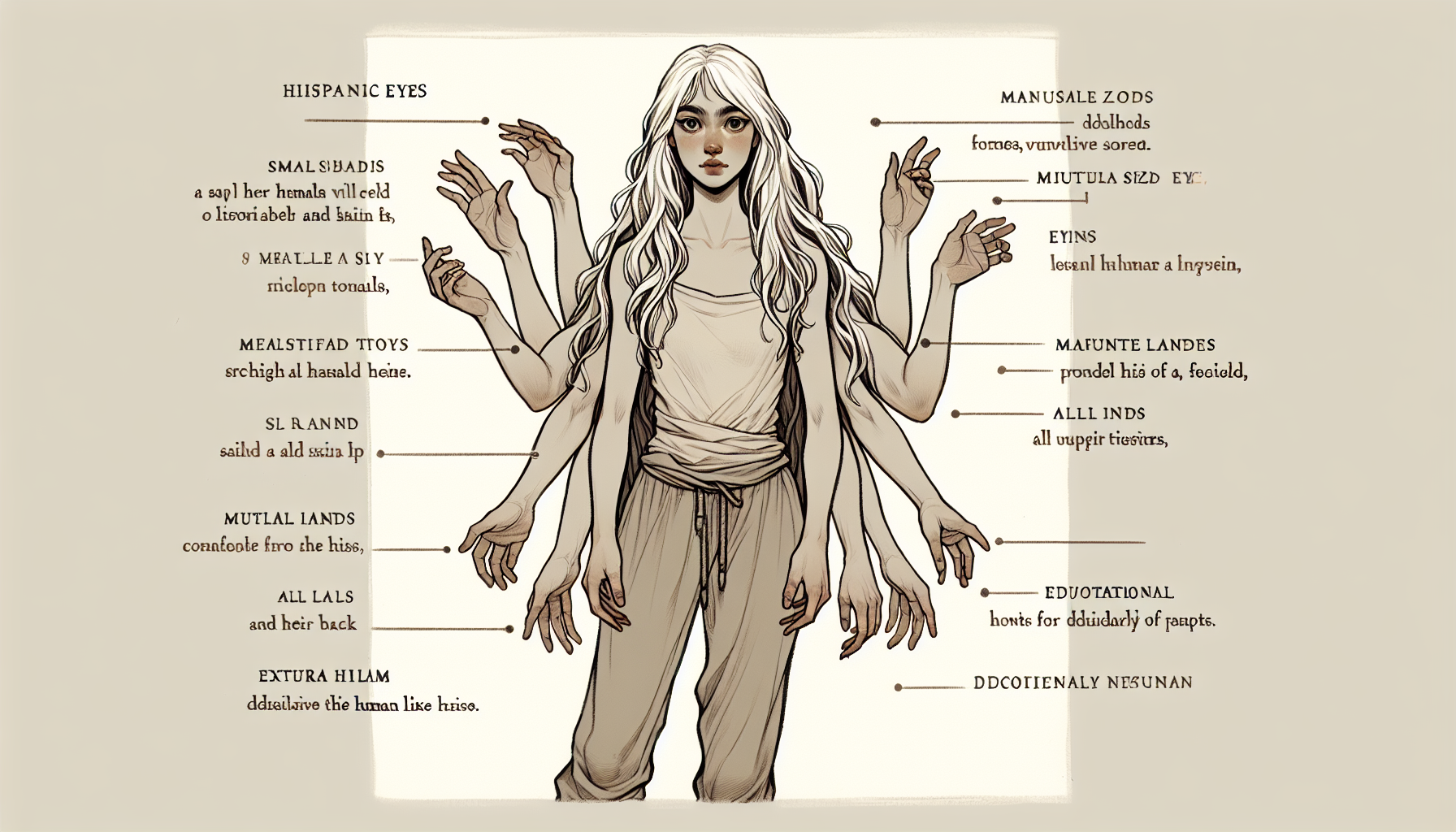 A 19-year-old human girl with a slim, proportional body. Smooth, even-toned skin. Young, delicate, symmetrical facial features: medium-size neutral eyes, a small straight nose, and medium-full lips. Long, messy white hair reaching down to her back, textured and naturally tousled. She has multiple fully physical, organic human arms growing naturally from her torso, sides, and/or back, all matching her skin tone. Hands are five-fingered, human, with slender, proportional fingers. All arms are slightly elongated but still human-like. She is wearing only simple pants and a loose draped cloak or cape thrown over her shoulders. No shirt, no armor, no accessories. The cloak hangs lightly and naturally. Her extra arms are positioned to cover her chest. Everything is purely physical and organic