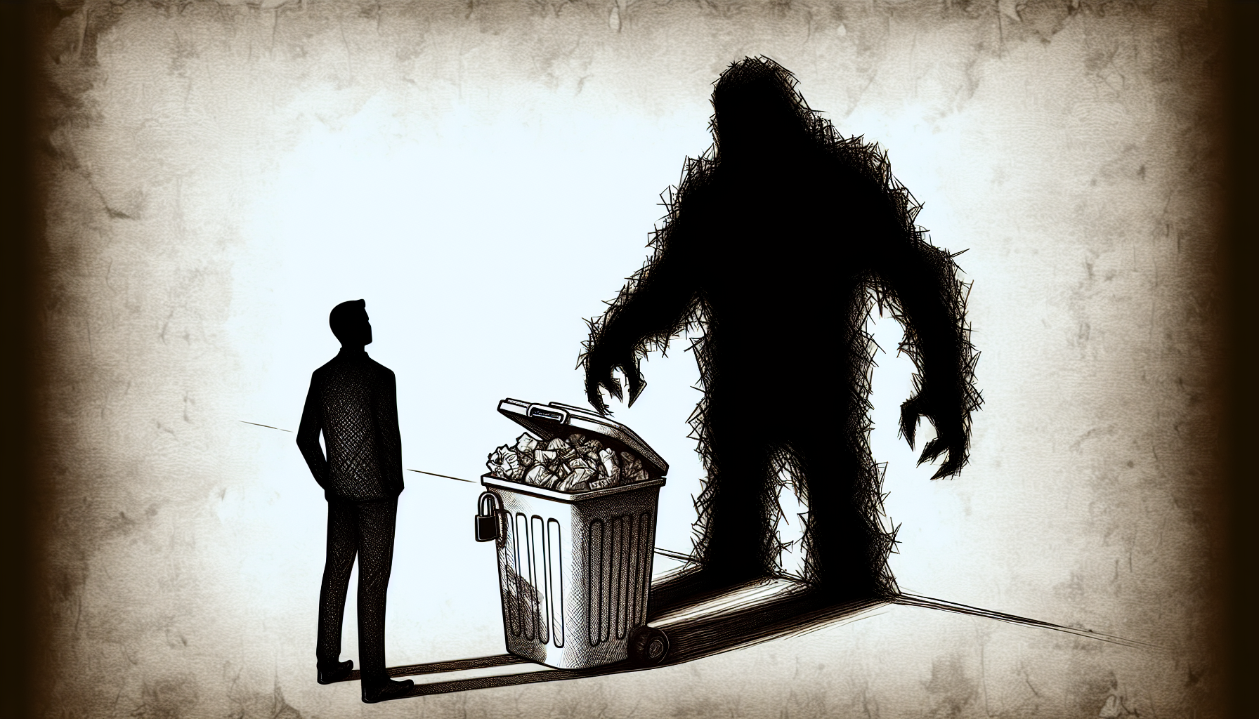 generate a human sketch about a trash can that is padlocked and has a shadow of a pile of garbages that forms a big monster behind