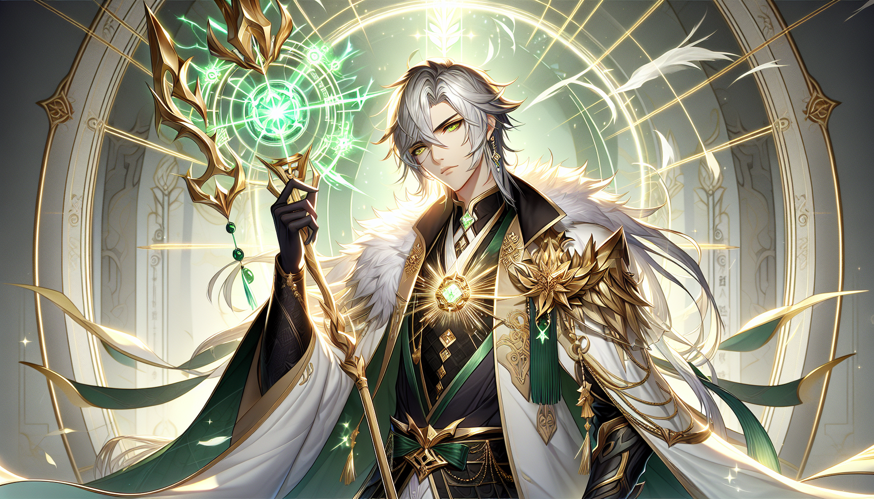 High-detail anime/donghua character illustration of Shi Zhentian. Seorang pria berwibawa dengan aura intimidatif dan bijaksana. Rambut panjang dominan putih dengan highlight hijau yang bercahaya lembut. Ekspresi tenang namun kuat. Memakai jubah pertempuran xianxia mewah berwarna hitam, emerald, putih, dan emas, dengan ornamen emas rumit, armor berlapis, serta cape panjang yang berkibar elegan. Ia memegang tombak ilahi besar yang tampak melampaui ruang dan waktu, memancarkan energi emerald-emas, dengan efek retakan dimensi di sekitar ujungnya. Latar belakang minimalis dengan lingkaran cahaya emas, simbol mistis, dan efek cahaya dramatis. Gaya sangat bersih, tajam, jernih, penuh cahaya, kualitas ultra HD, gaya splash-art profesional