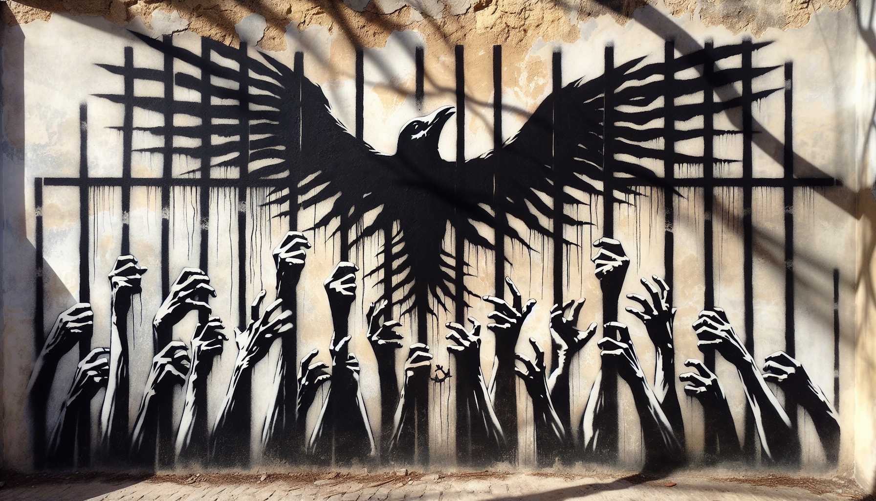 Banksy-inspired stencil street art mural on a rough, weathered concrete wall, multiple desperate human hands gripping and reaching out from behind dark iron prison bars, the fingers seamlessly morphing and transforming into a large black bird taking flight, wings powerfully spread wide as it escapes toward freedom, stark black and white spray-paint stencil style with subtle white highlights, dramatic high contrast, textured earthy beige wall, faint shadow of bare tree branches stretching across the scene, powerful symbolism of confinement versus liberation, raw urban graffiti, emotional, cinematic lighting, masterpiece --ar 3:4 --stylize 750 --v 6