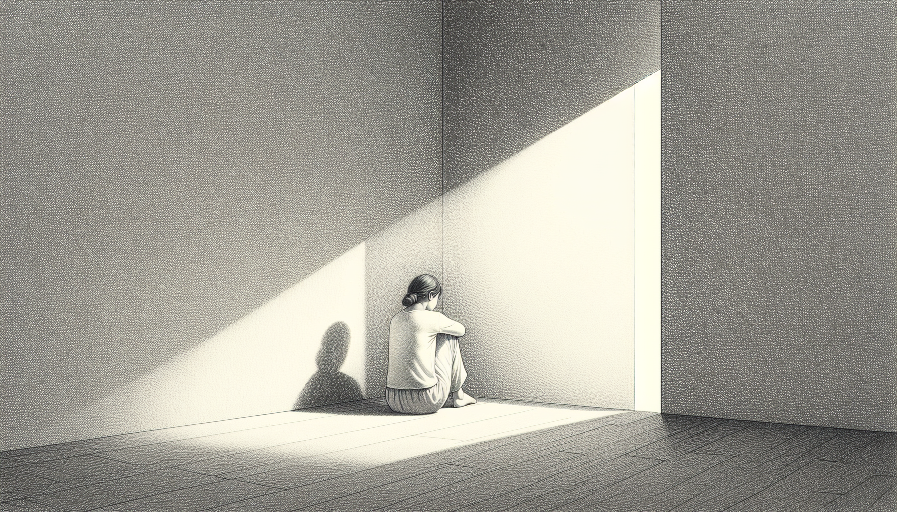 сделай картинку рисунок карандашом, не фото. на картинке веден угол комнаты он находится справа, в углу соприкосновения двух стенок находится щель откуда исходит луч света. перед этим углом в луче сидит девушка лет 40ка на коленях спиной на зрителя, она расстроена. На изображении ничего лишнего стиль минимализм