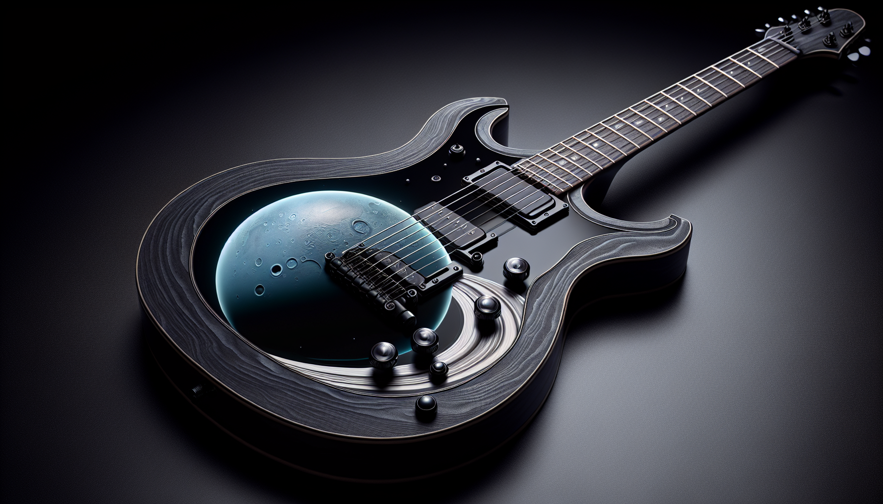 create a realistic looking image of a dark electric guitar with planet Uranus engraved on it's body and a black background