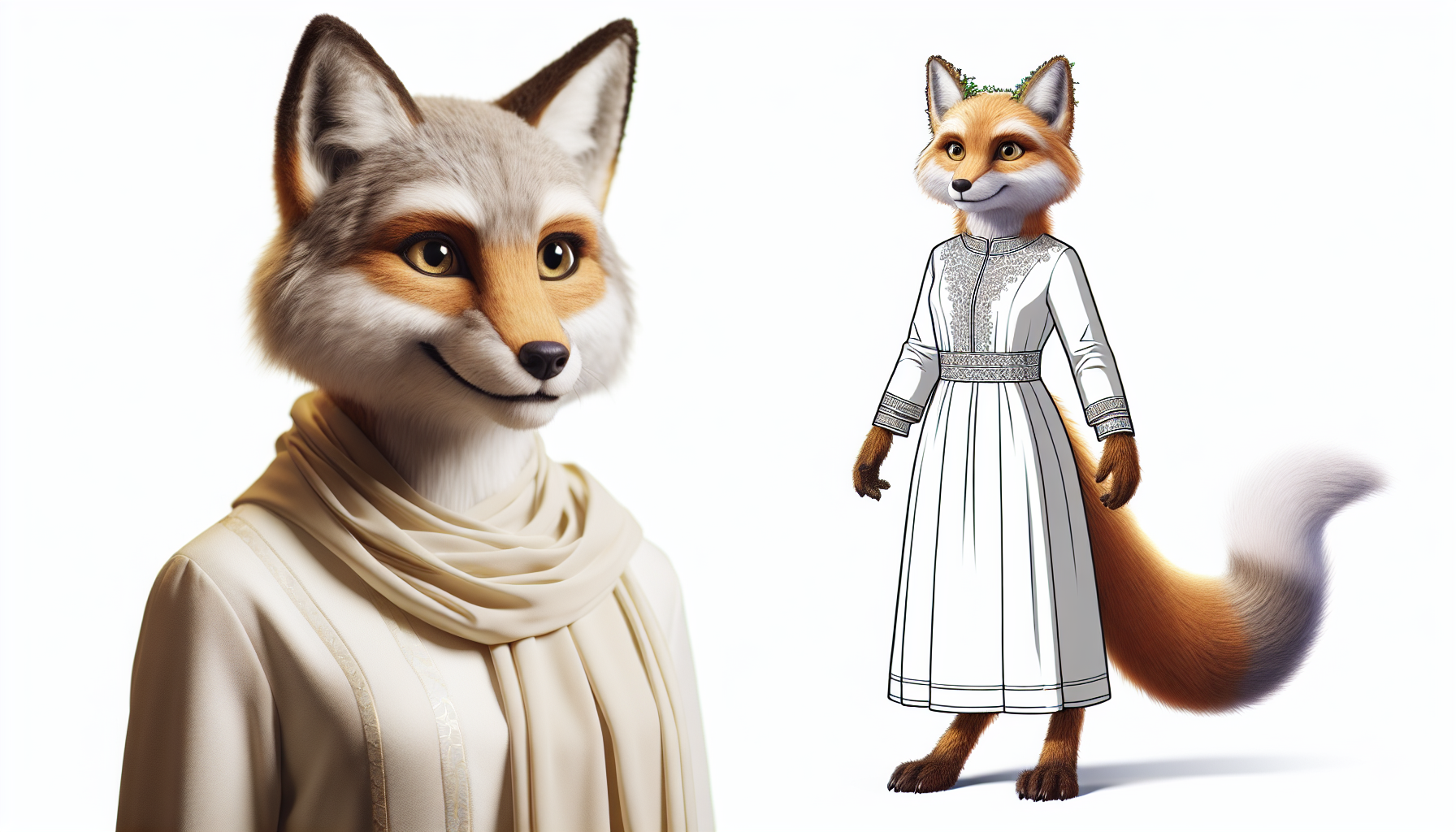 female anthro fox standing, furry, fursona, full body, white dress