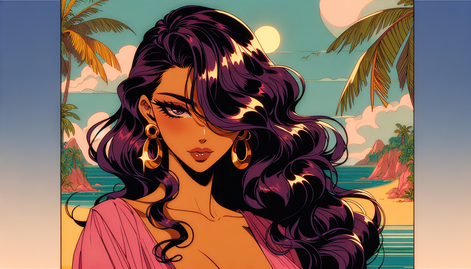 “One Piece style, Oda-style lineart, thick expressive comic outlines, visible cheek hatching, stylized nose and lips, angular anime face shape, sharp cel shading, strong rim lighting, vibrant tropical colors, long wavy deep-purple hair with glossy highlights, sun-kissed skin, gold loop earrings, tropical, soft pink dress, hourglass figure, tropical island background, One Piece anime aesthetic, 2010s Toei animation style, high detail, polished scene