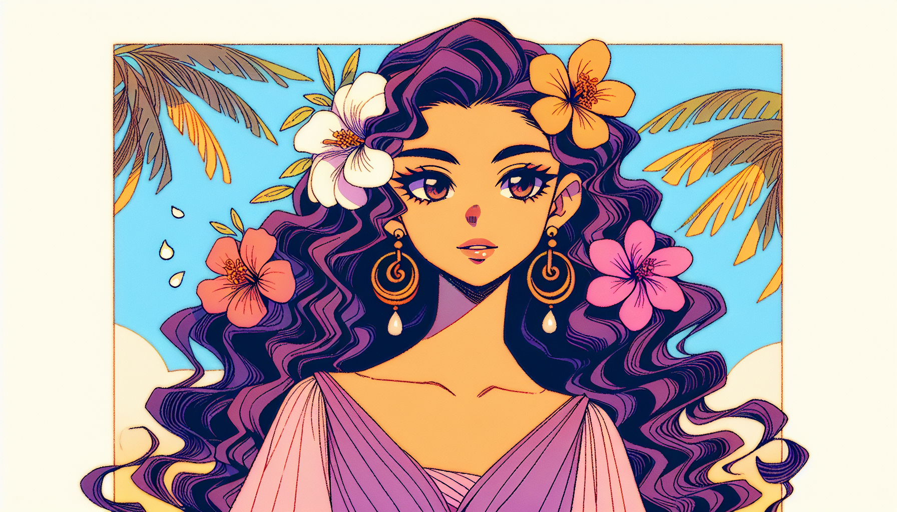 One Piece anime style, Eiichiro Oda proportions, small narrow eyes, defined lower lashes, soft cheek shading lines, simple nose, simple lips, medium-wide face shape, minimal gloss, flat cel-shading, thick black outline, Toei animation look, tropical island lighting, long wavy deep-purple hair with minimal gloss, sun-kissed skin tone, large gold loop earrings, tropical flowers in hair, soft pink dress with natural folds, hourglass figure, natural expression, light sweat drop, vibrant blue sky and palm trees, 2010s One Piece episode style, NOT modern anime design
style: One Piece