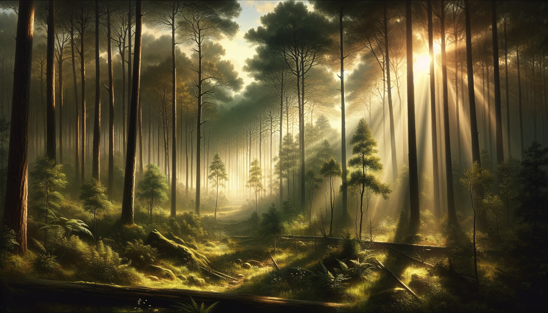 A peaceful forest with soft sunlight rays, gentle morning fog, realistic details, ultra natural colors, high-quality landscape.”
