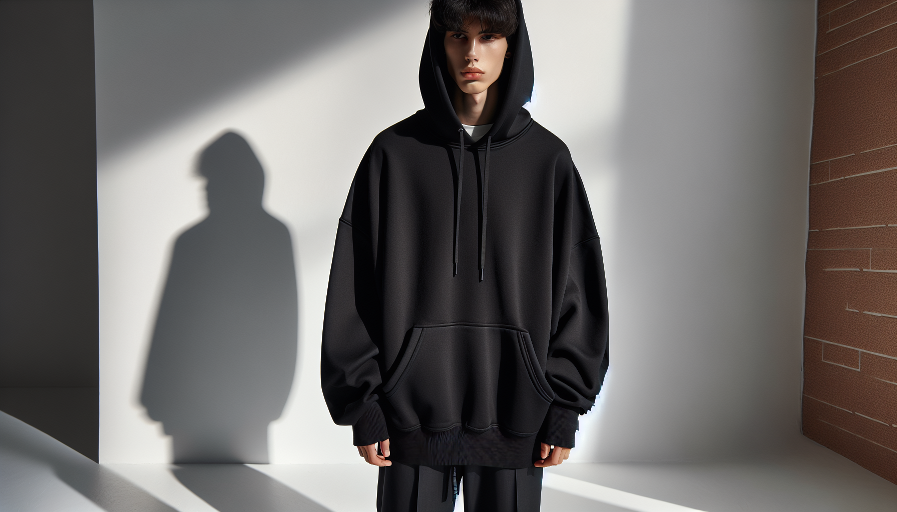 A stylish young model wearing a black oversized hoodie, straight posture, clean background, soft natural lighting, high-quality photography, streetwear aesthetic, realistic skin texture, premium fabric details visible, minimalist fashion editorial style