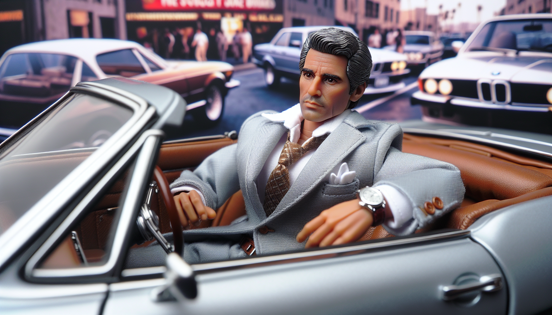 Action figure toy of Carlos Daniel from La Usurpadora tv series by Televisa, driving his silver sport BMW convertible
