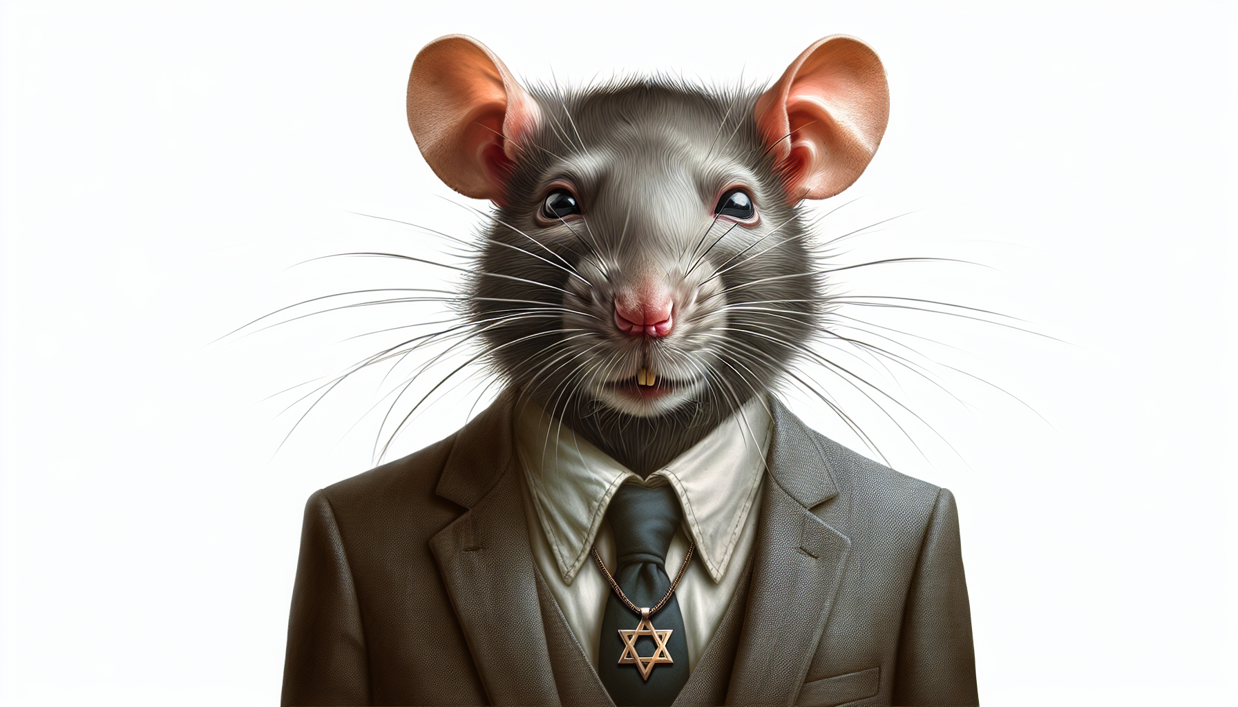 Chuck schumer face on a rat wearing a suit with a star of david necklace