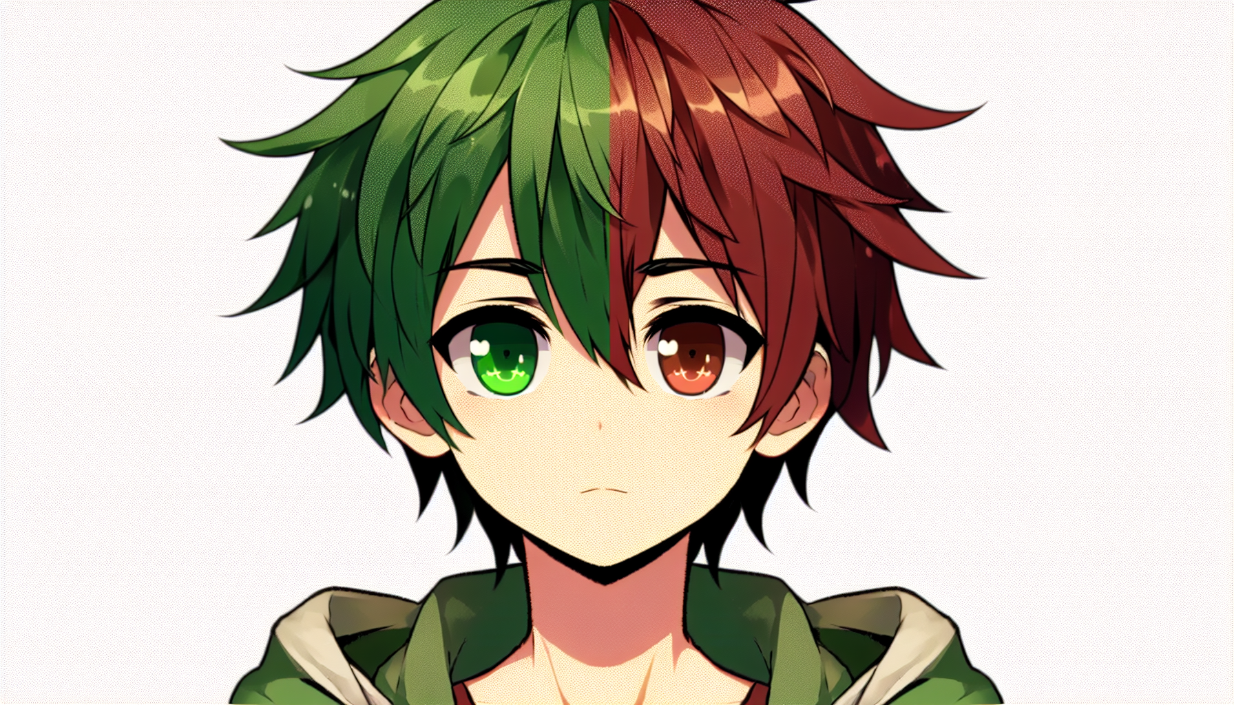 chico con el cabello de color verde y rojo agarrado piel normal y ojos cafes
