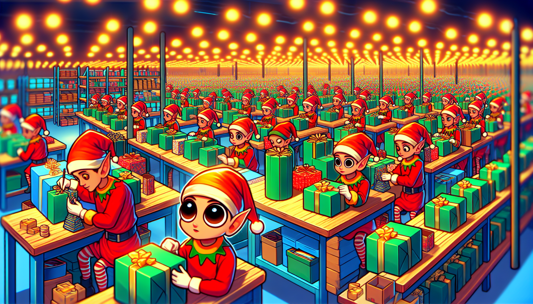 creame una fabrica de regalos con muchos elfos, y que resalte entre ellos un elfos con ojos saltones y manos pequeñas 
