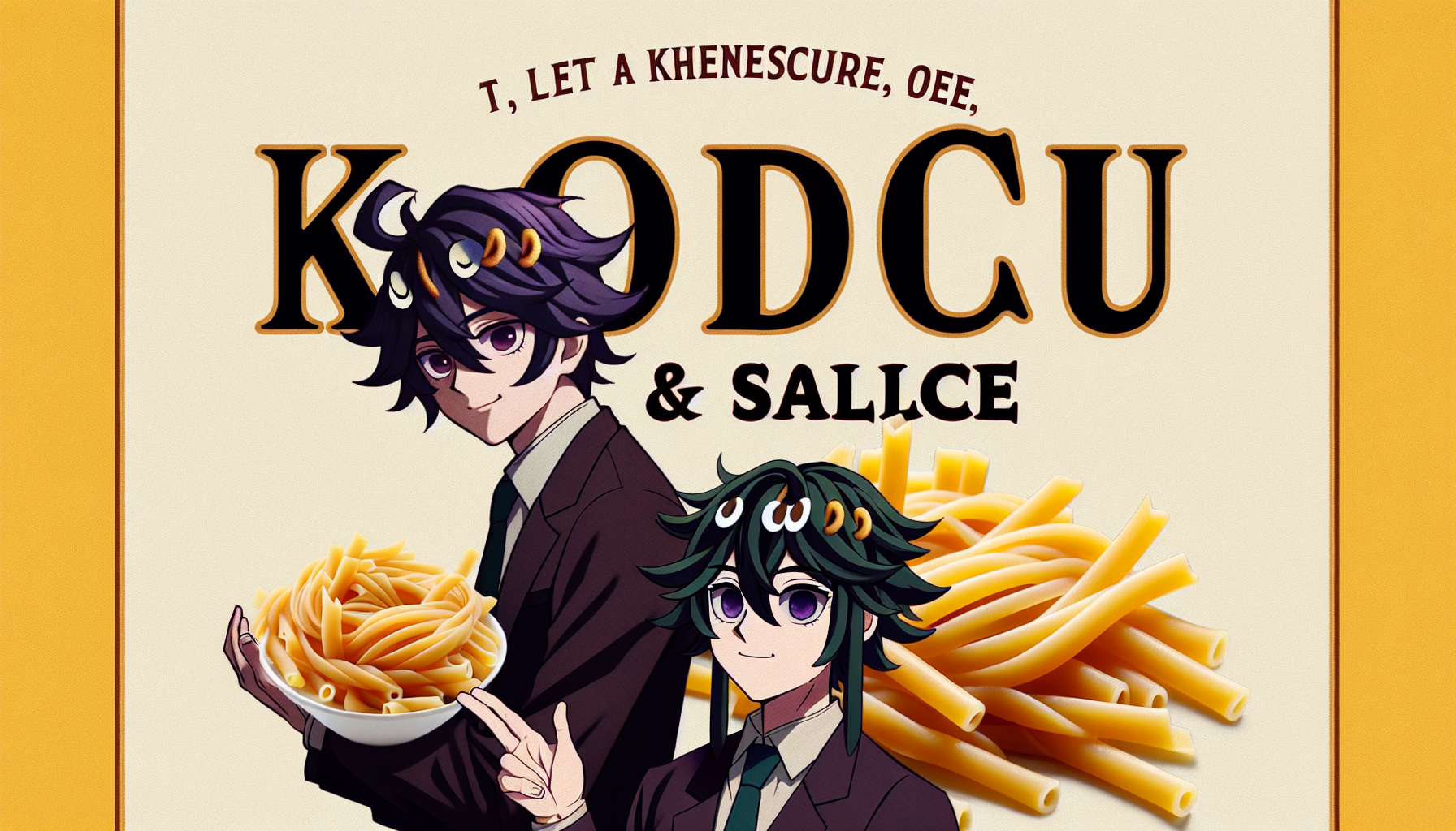 un TITULO que diga "Kodeu & Salice" pero la o de kodeu sea remplazado por unTaeguk y la i de salice sea remplazada por un fusilli osea pasta