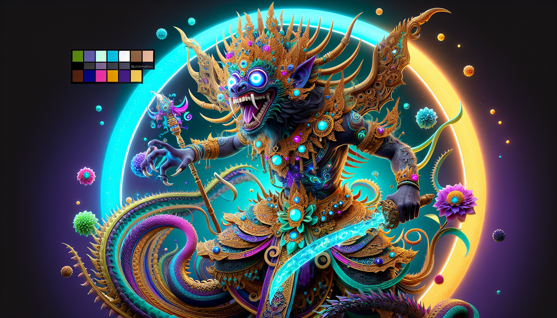 A hyper-detailed digital art illustration of a Balinese-style demon warrior in an extreme psychedelic style. The creature has an enormous glowing purple eye with blue irises, sharp white fangs, and a mischievous grin. The demon wears ornate golden and turquoise armour with elaborate spikes and decorative elements. A large turquoise bow adorns its waist. The armour features intricate patterns, turquoise jewels, and pink and yellow flowers as decorative elements. The demon holds a glowing blue magical sword in one hand and a staff in the other. The background features a bright blue ring of fire effect with purple and pink accents radiating outward. The demon has flowing rainbow-coloured serpentine tentacles that curl around its form. The overall colour palette consists of vibrant turquoise, purple, pink, orange, and gold tones. The art style combines traditional Balinese demon imagery with modern psychedelic elements, creating a striking contrast between the creature's menacing expression and its ornate, decorative appearance. The illustration has a dark background with glowing effects that create a magical atmosphere.