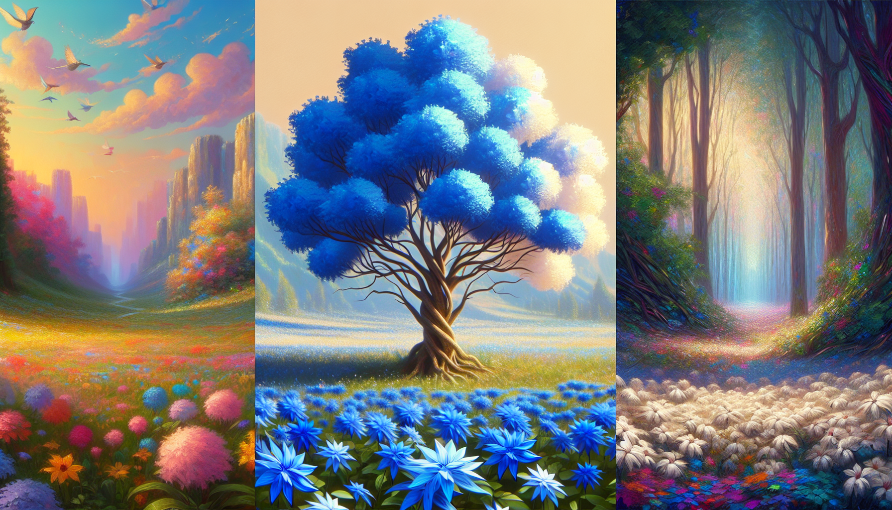 árbol frondoso con flores azules
