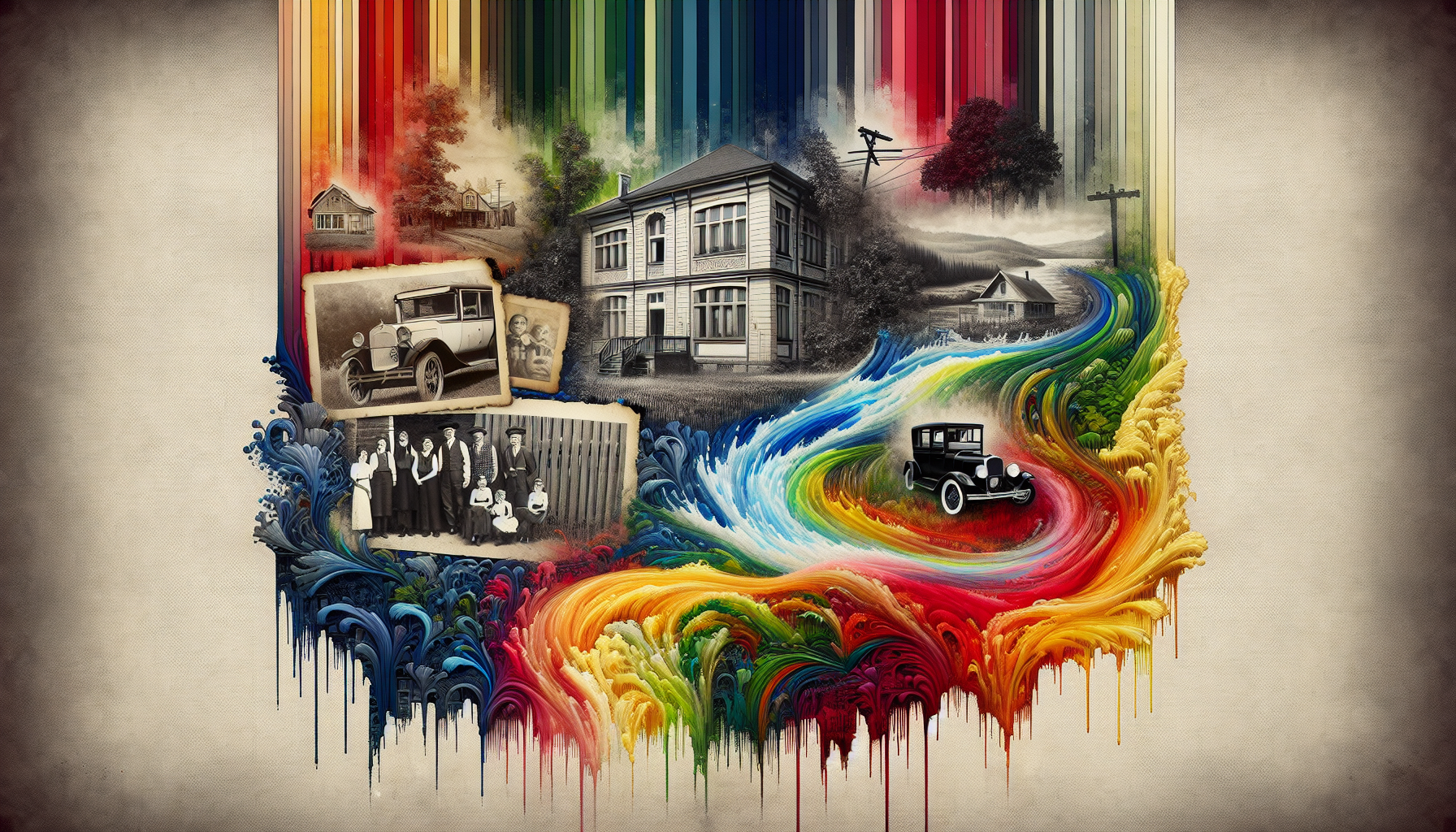A old photgraphs of house, school, families, friends in one big picture surrounded with the blast of vibrant colors like a past memories