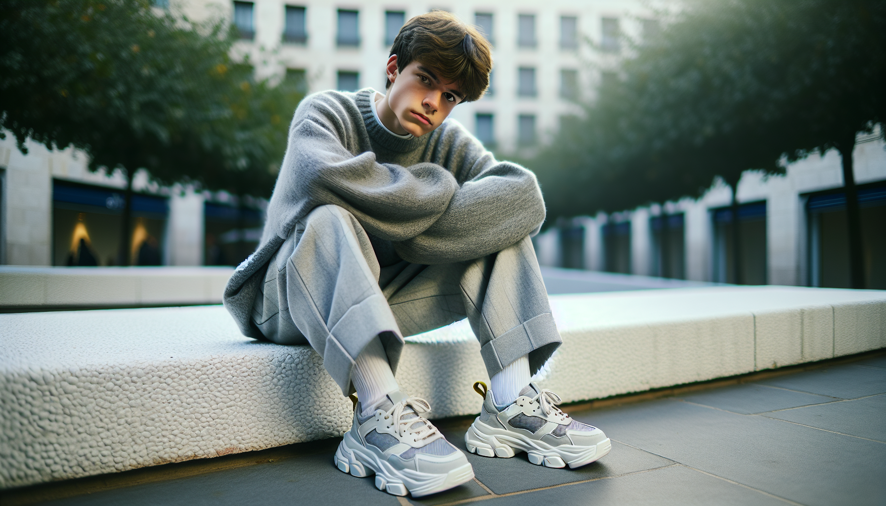 Import 👇 
Reference photo included, ultra-realistic editorial photo of a 17 years old boy (from reference photo, unchanged), sitting
casually on a white textured wall outdoors.
He wears a winter grey outfit, light grey
wide pants, and white chunky sneakers
with yellow accents. His arms are crossed 
head tilted slightly. Background shows
blurred mD. HD ultra 4k image, official_faiz_i.d.care
