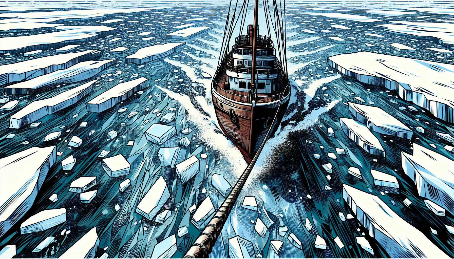 A boat into a frozen deep sea. Front view with a little perspective from above