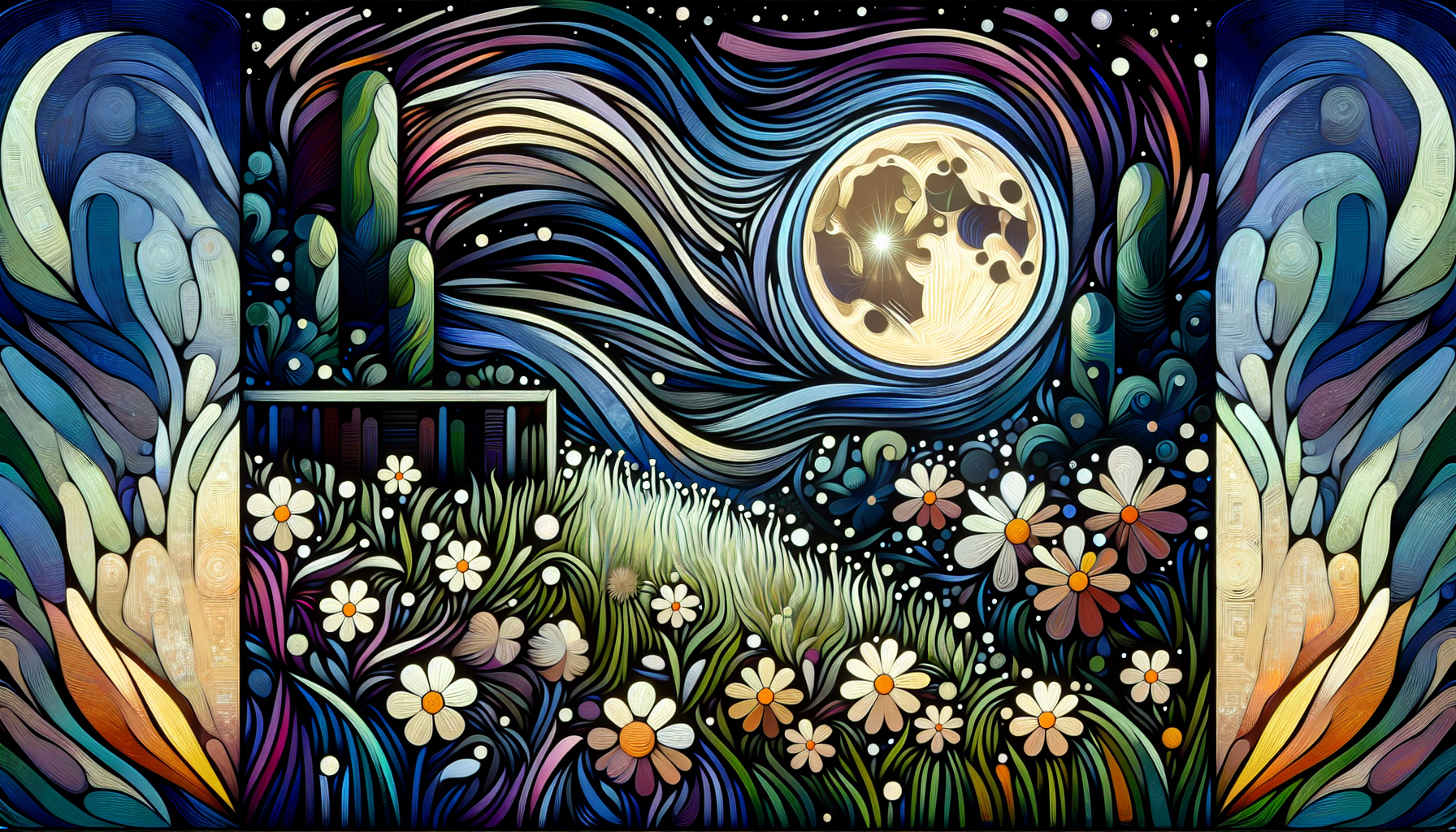 Имя Анастасия в траве, окруженной цветами в лунную ночь