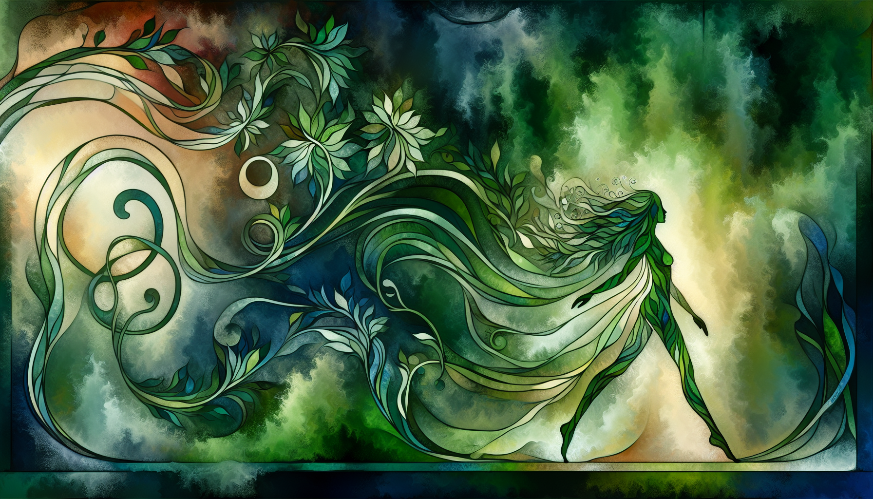 A hyperrealistic and luminous painting with an evocative watercolor and encaustic texture, depicting a surreal Art Nouveau-inspired scene. At the center, a girl walks gracefully, her entire form composed of flowing, intertwined botanical patterns that resemble vines and leaves, merging seamlessly into the verdant environment. The composition features intricate details and organic curves, with a dominant palette of rich greens accented by soft matte tones. The background is a dreamlike green landscape, layered with delicate floral motifs and subtle light reflections, creating an ethereal, almost otherworldly atmosphere reminiscent of Zdzisław Beksiński’s imaginative style.