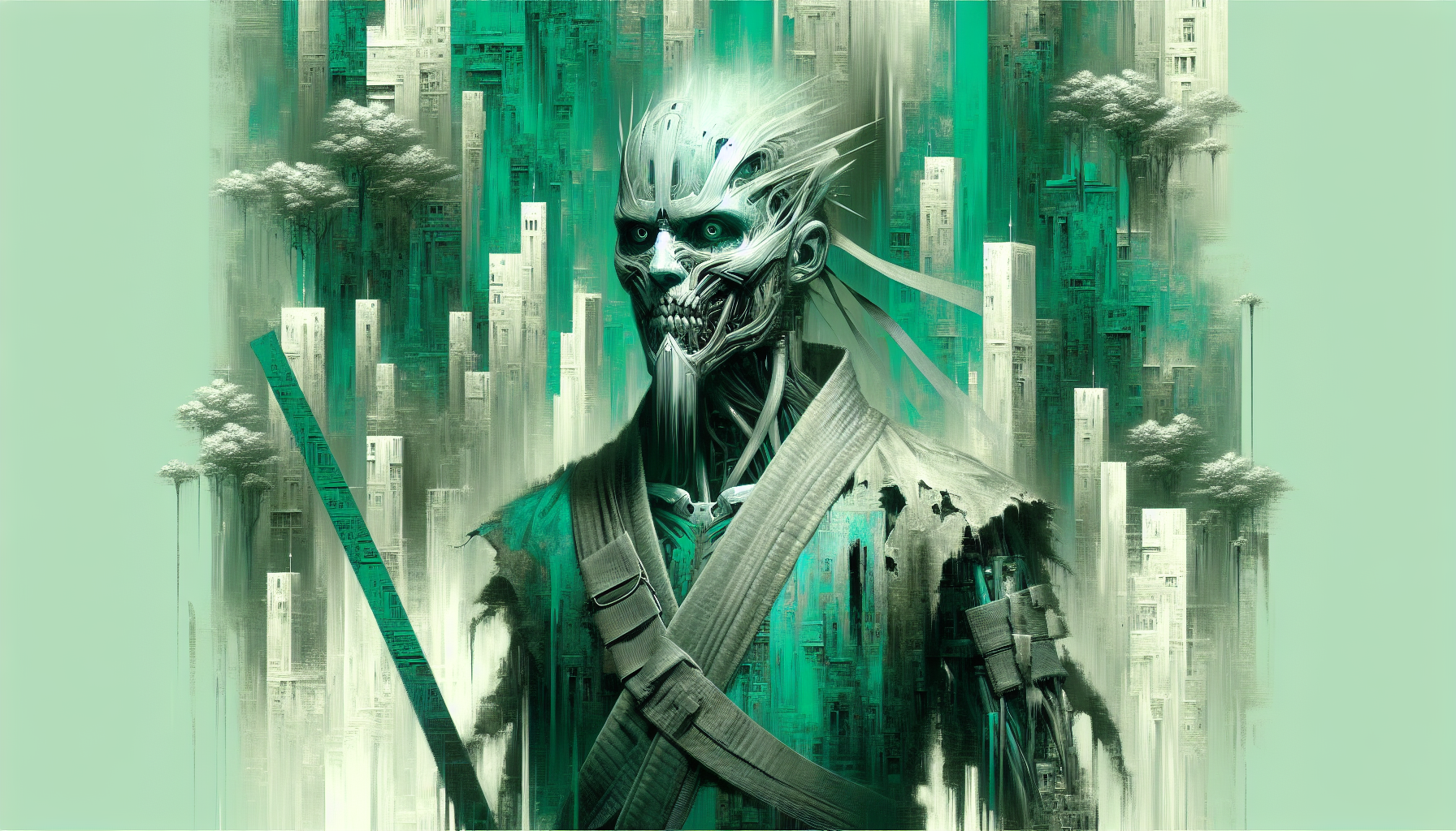 monochoromatic green, aqua Encaustic layers, oil 8k photorealistic raw realistic full body long shot dramatic natural lighting, visible brushstrokes whimsical chaos horror a mystical sci-fi samurai, dressed in a torn outfit and standing tall. Realistic facial features, sharp eyes, intensified by expression, incredibly realistic and delicate face, raw and crazy realism, sharp, clear edges, incredibly detailed, 8k, emerging from a city-covered chalk forest background, green colors.