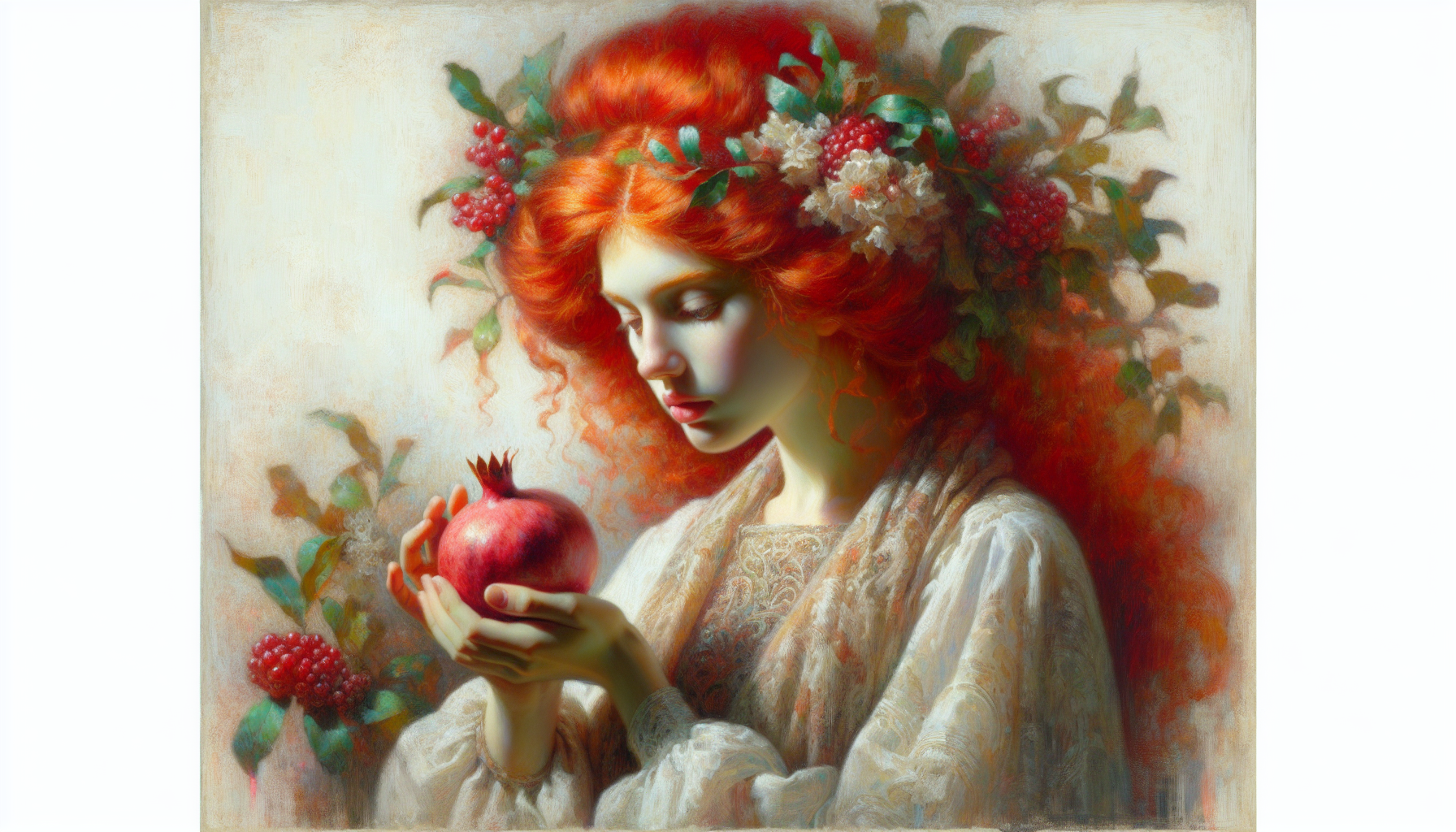 A persephone piece with red vivid hair and a pomegranate 