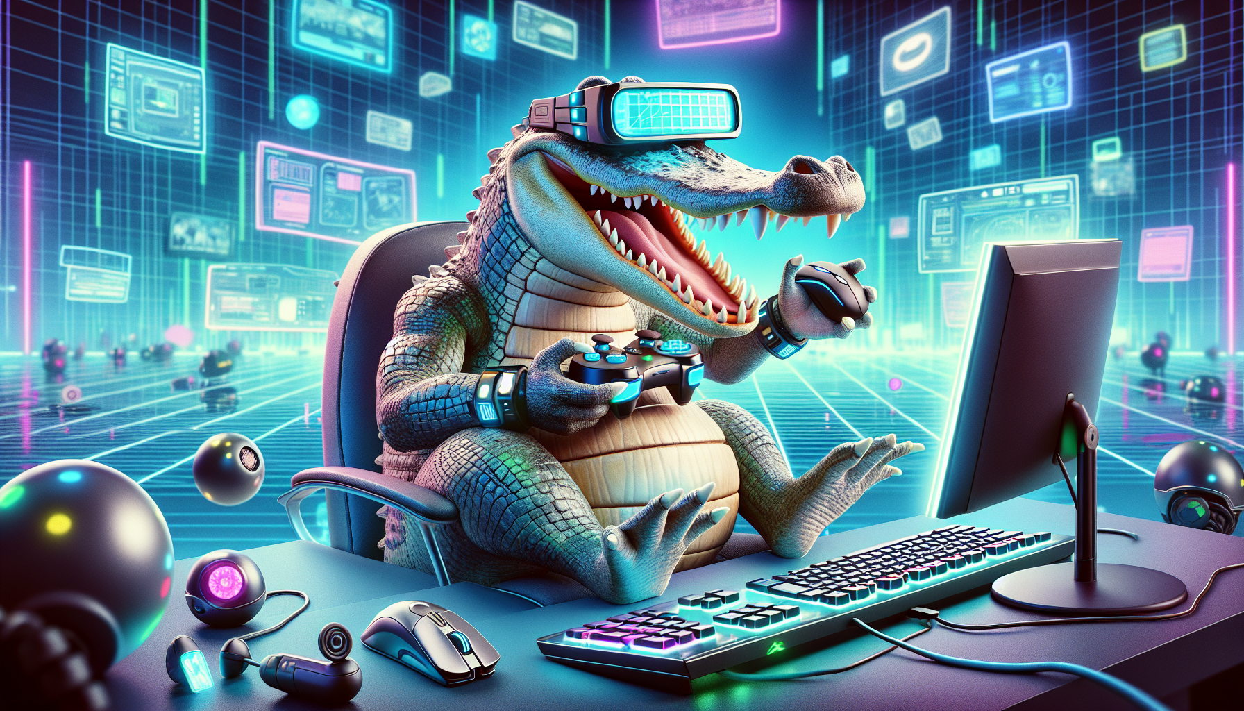 A lunatic alligator playing games with a mouse and keyboard on his computer, without any cables, futuristic background, cartoon style.