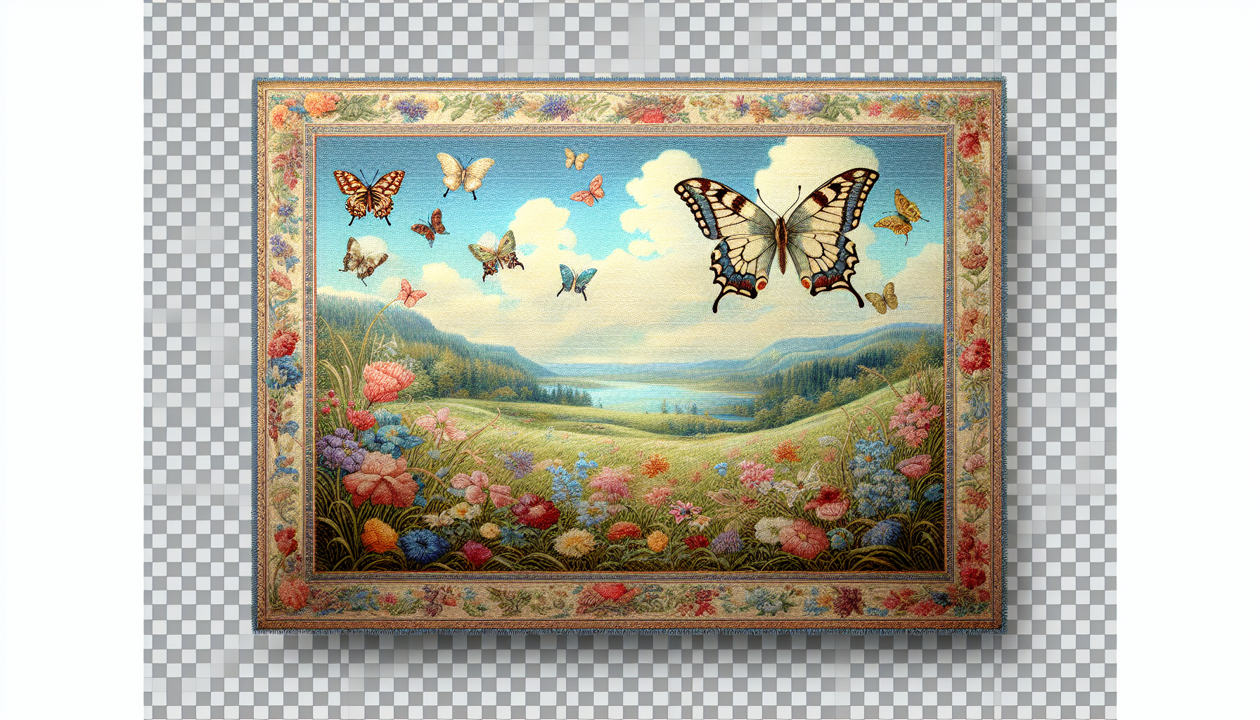 chenille butterfly print fabric panel full front straight on view transparent background
