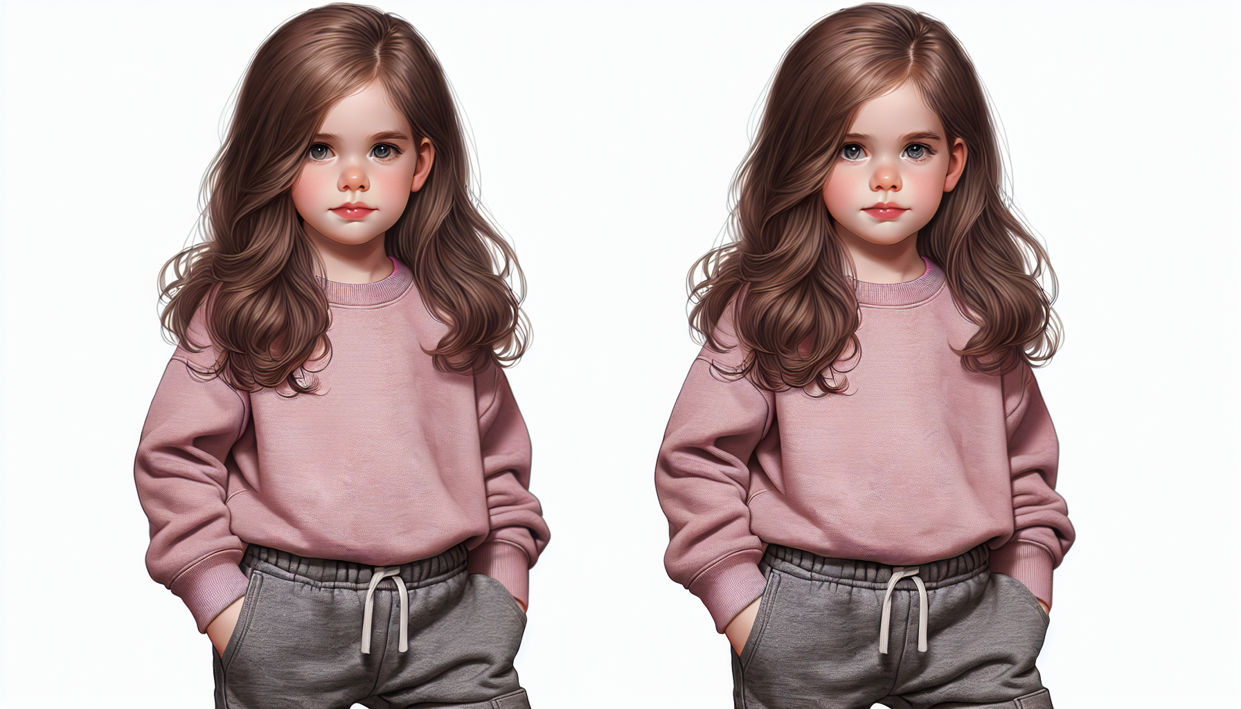 hacme una bebe con pelo moreno piel blanca i de 3 o 4 años y que sea super hiper mega realista y de querpo entero. con el pelo suelto y liso con un pantalon gris y con una sudadera de color rosa