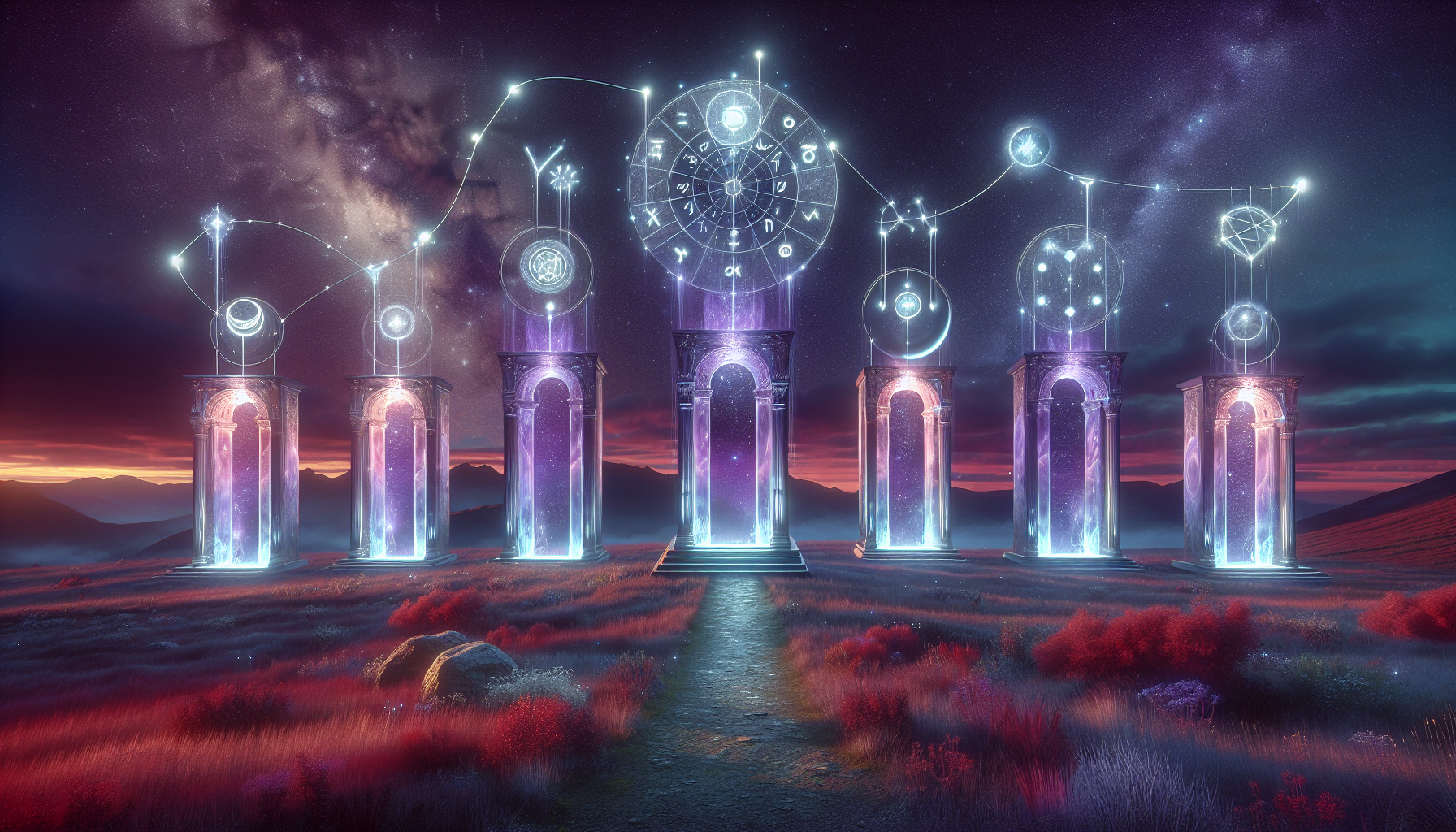 Seven glowing celestial gates aligned in a row, each door representing a day of manifestation, Capricorn constellation above them, dark violet and deep red tones