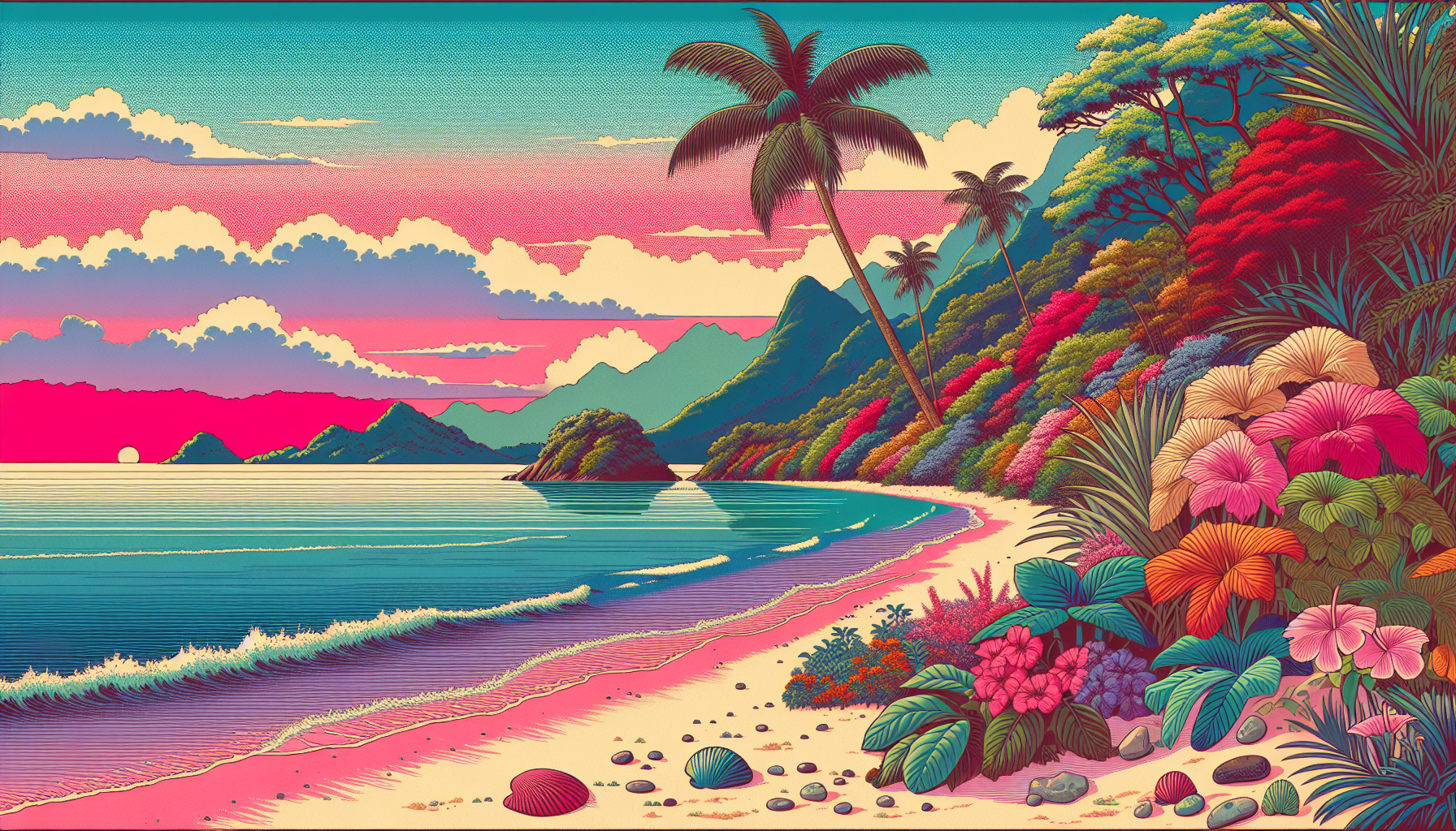 Generate an image in the style of 1980s retro anime that illustrates a beach featuring fine sand and crystal-clear waters, with lush mountains in the background adorned with vibrant plant life in shades of red, purple, blue, and orange. The scene should showcase visible flora along the shore, including small natural details like seashells and stones. In the foreground, add vegetation such as palm trees leaning toward the beach. Shift the camera angle slightly to the left and incorporate a tropical color palette that includes pink, yellow, orange, green, and blue, capturing the essence of a sunset or sunrise.