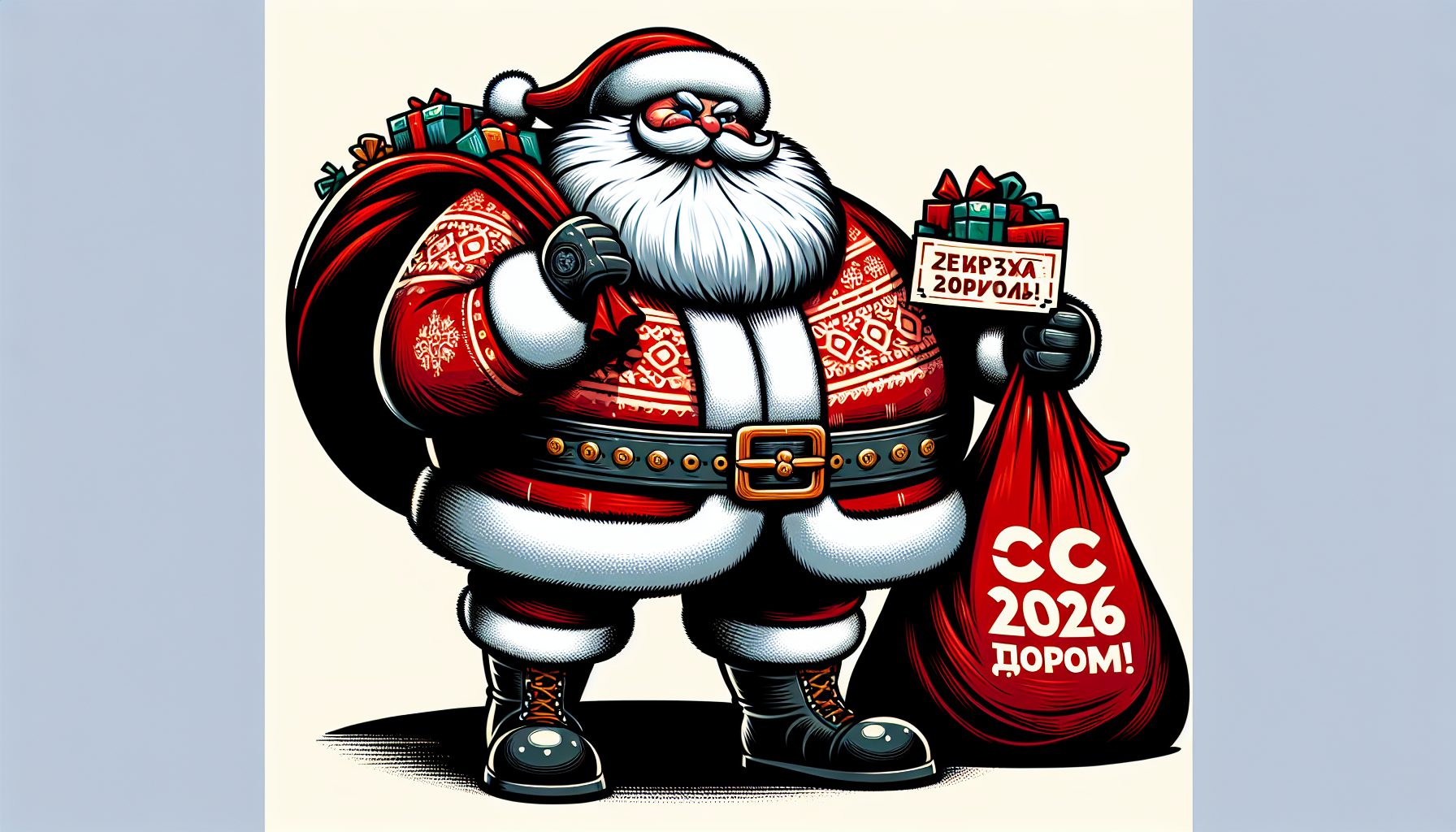 Santa Claus with a poster saying С 2026 годом!