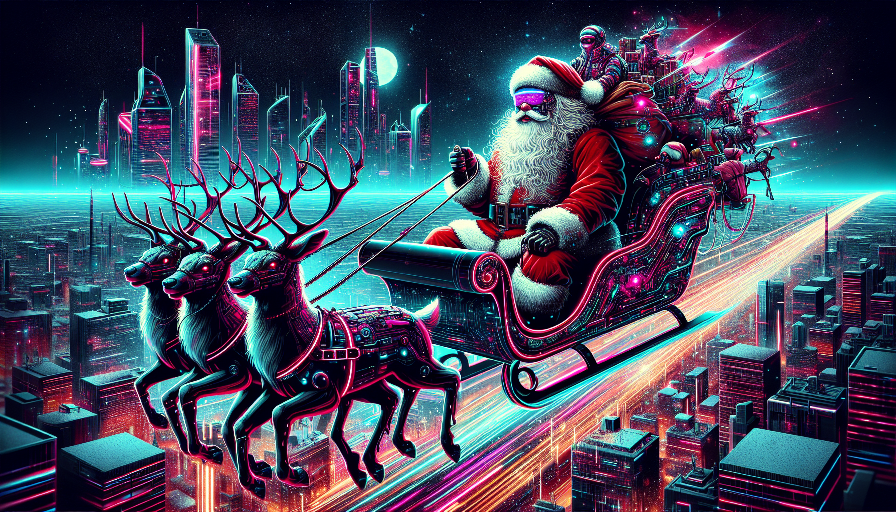 Santa Claus with a bag of gifts on a sleigh pulled by reindeer flying through the sky