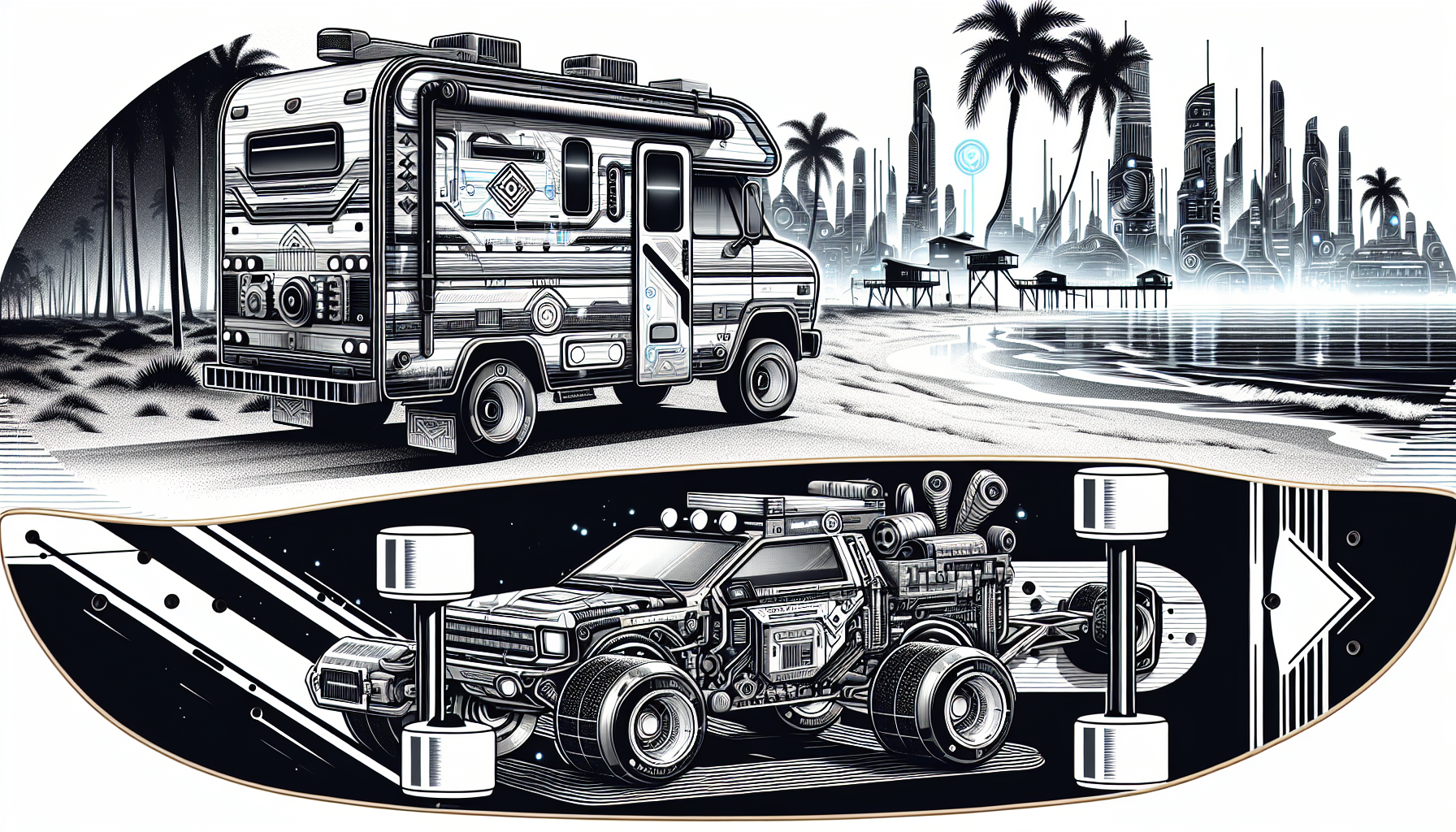 Make me a picture for the bottom of my longboard. In black and white, with a ute and caravan at the beach