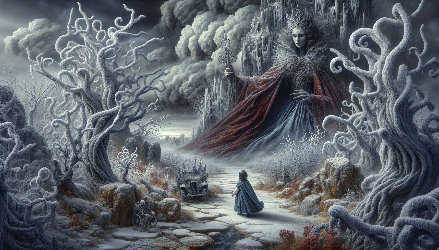 A surreal scene inspired by Alice in Wonderland, set in a frigid and desolate winter landscape. Alice appears as a small, fragile figure, dressed in a worn blue dress, walking among twisted, frost-covered trees. The Red Queen is depicted as imposing yet dejected, with a stern face and an expression of unease, wrapped in a dark red cloak that appears heavy and stiff, its fabric tattered by the cold. The landscape is somber and dreamlike, with muted tones of gray, white, and red, cloudy skies, and deformed, organic structures that evoke the unsettling and textured style of Zdzisław Beksiński. The atmosphere conveys a sense of emptiness, melancholy, and surrealism, with elongated shadows and a diffused light that barely illuminates the scene.