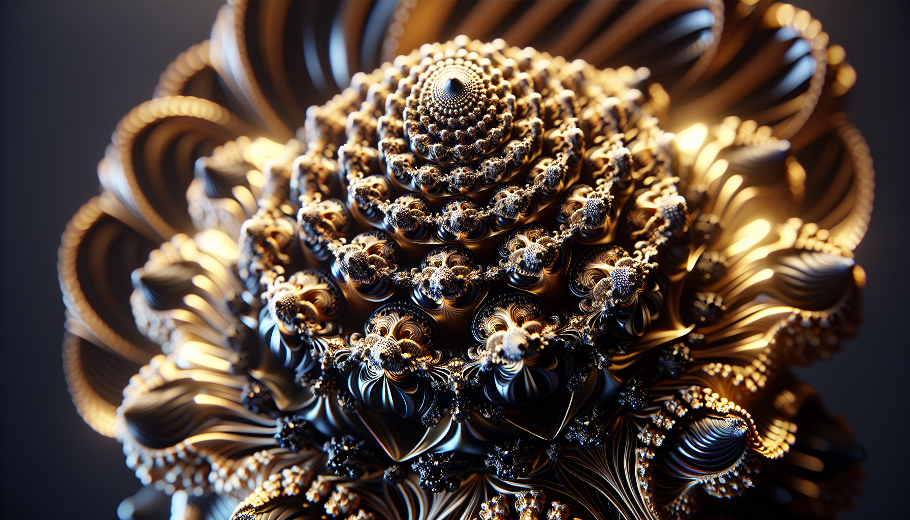 Hyper-realistic 3D Mandelbulb fractal, intricate gold and obsidian filigree patterns, macro photography, depth of field, cinematic lighting, raytracing, Octane render, ultra-detailed texture, mathematical precision, golden ratio composition