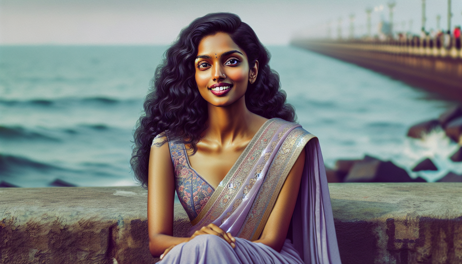 Create a hyperealistic ai indian woman of age 28 years with bright skin and almond shaped face sitting on wall near the sea in Mumbai wearing a deepneck sleeveless blouse and a light purple saree. She has long curly black hair and smile on her face.