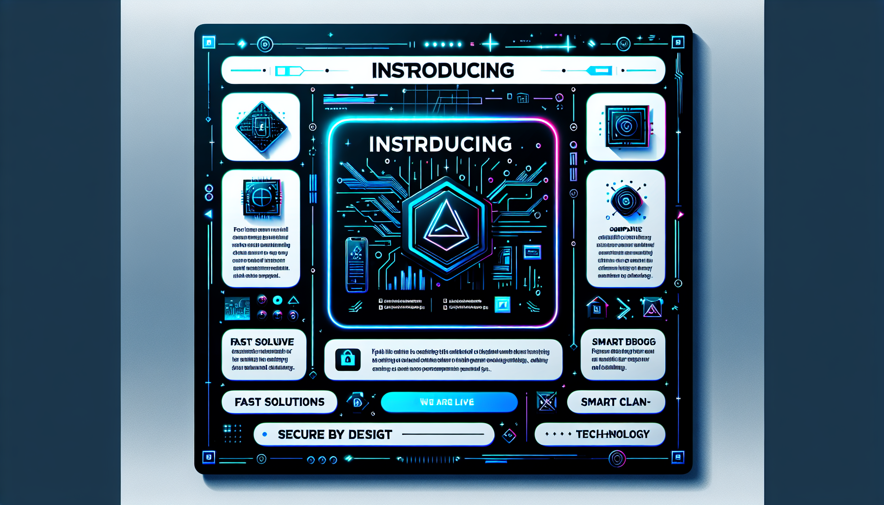 # 📣 Company Intro Instagram Post Design (Template)

## 🟦 **Post Theme:** Clean • Modern • Tech-Driven

---

## 🎨 **Color Palette (Tech Style)**

* **Primary:** #1A73E8 (Tech Blue)
* **Secondary:** #0A0A0A (Deep Black)
* **Accent:** #00D1FF (Neon Cyan)
* **Background:** White or soft grey (#F4F7FA)

---

## 🖼 **Layout Structure**

### **Top Section (Hero Zone)**

* Large bold headline: **“Introducing [Company Name]”**
* Optional glow effect behind the text
* Subtle tech elements (circuit lines / neon grid / geometric shapes)

### **Middle Section**

* **Company logo** centered
* Short tagline (example):

  * *"Building the Future with Smarter Technology"*
  * *"Innovation. Speed. Simplicity."*

### **Feature Highlights (3 Icons)**

Use minimal line icons:

* 🚀 Fast Solutions
* 🔒 Secure by Design
* 🤖 Smart Technology

Each with a short 3–4 word caption.

### **Bottom Section**

* "We are live!" or "Launching Soon"
* Website/handle: **@yourcompany**
* CTA: “Follow us for updates”

---

## ✍️ **Caption Suggestion**

**"We’re officially here 🚀
Introducing *[Company Name]*, a new step toward smarter technology.
Our mission: [short mission].
Join us as we build the future — one innovation at a time."**

---

## 🔧 **Design Tips**

* Use **bold sans-serif fonts**: Montserrat, Poppins, or Inter
* Keep spacing wide and clean
* Add faint neon lines or gradient borders
* Use subtle shadows for a futuristic feel

---

