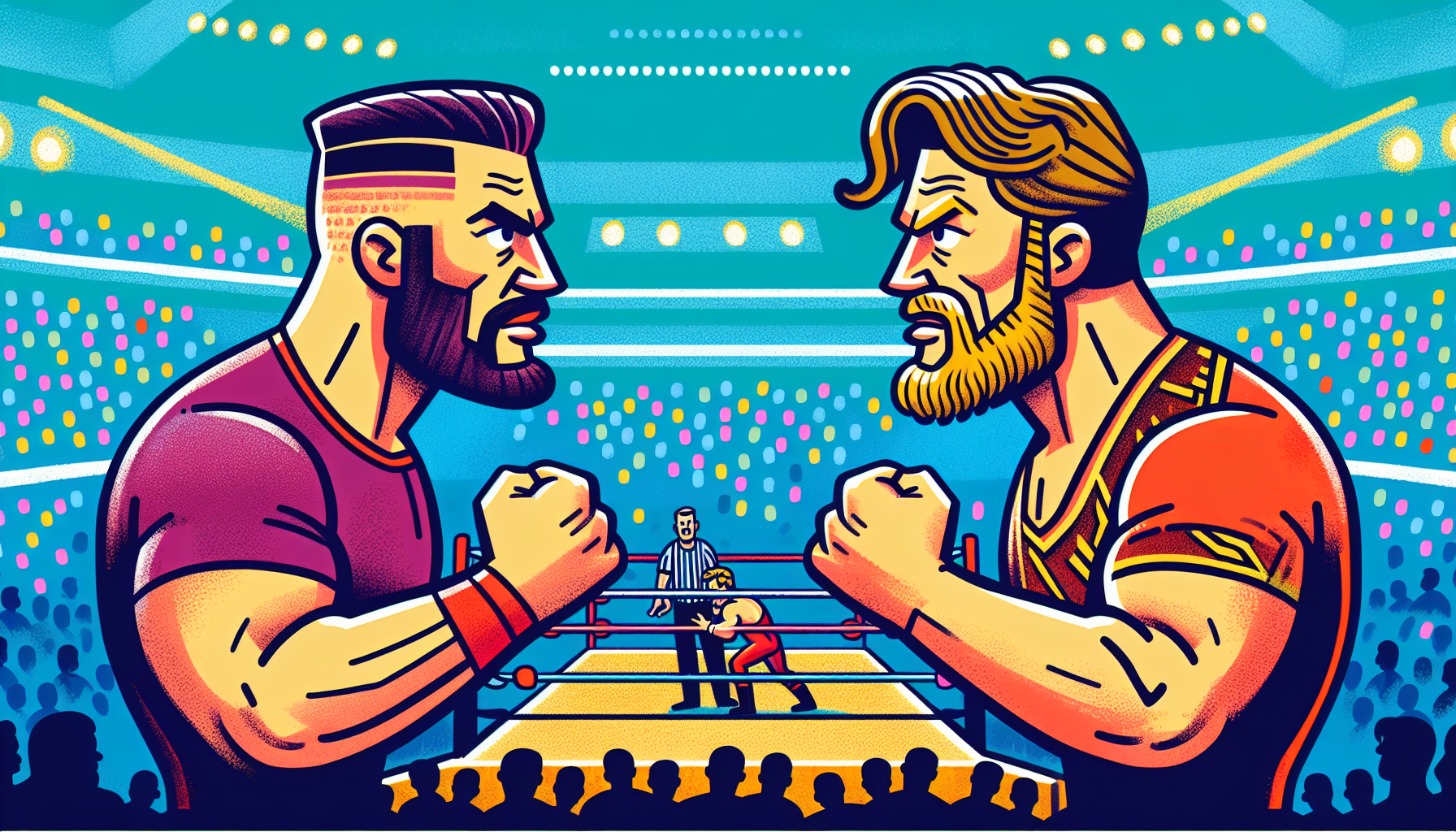 John cena cody rhoadesal küzd egy wrestlemania meccsen rajzfilmes stílusban ábrázolva