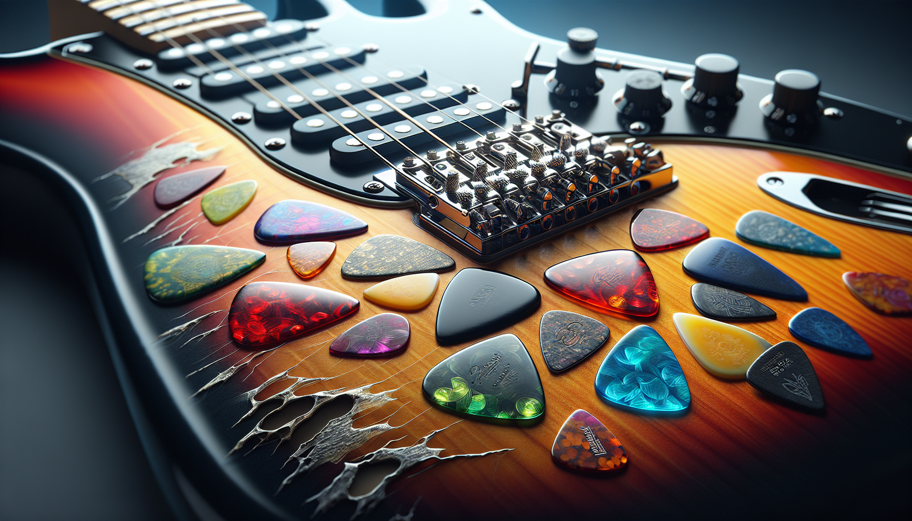 Hyper-realistic close-up of an electric guitar with a scratch-plate made entirely from an assortment of colorful guitar picks (plectrums) arranged in a mosaic. The picks vary in color, size, and finish—red, blue, green, yellow, orange, purple, pink, some translucent and glossy. The guitar body is a classic Stratocaster-style with a sunburst finish and chrome hardware; a couple of pickups and knobs visible. Studio lighting with a soft key light and gentle fill creates subtle reflections on the glossy picks and soft shadows around them. Shot at a slight angle with a shallow depth of field to keep the pickguard in sharp focus while the background blurs. The scene emphasizes texture, color contrast, and tactile realism, suitable for a high-resolution image. 16:9 aspect ratio