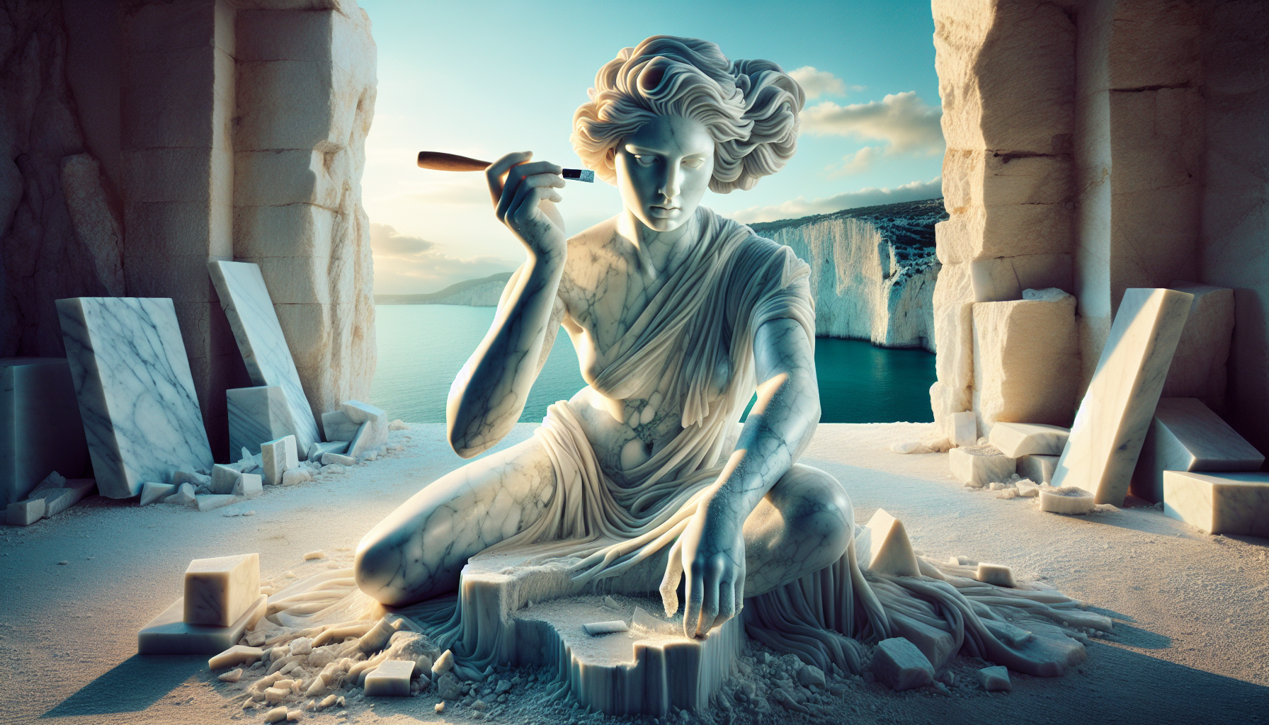 A hyperrealistic photograph of a stunning beautiful 34yrs woman sculpted from radiant white marble, kneeling as she sculpts herself from a massive marble block. One arm is still encased in stone, the other delicately holds a chisel, with a small hammer raised in her opposite hand. Her expression is calm and focused, symbolizing self-creation. Flowing marble hair cascades down her shoulders like frozen silk, fine stone dust clings to her skin, and cracks and tool marks trace her emerging form. Set in a sunlit marble quarry on the Mediterranean coast of Italy, with turquoise sea, pale stone cliffs, distant villas, and cypress trees. Warm, golden afternoon light, deep blue sky, rose-gold highlights in the marble. Classical Renaissance sculpture meets surreal modern symbolism. Inspired by Michelangelo’s unfinished works. --v 6 --ar 3:4 --style raw --style photographic
