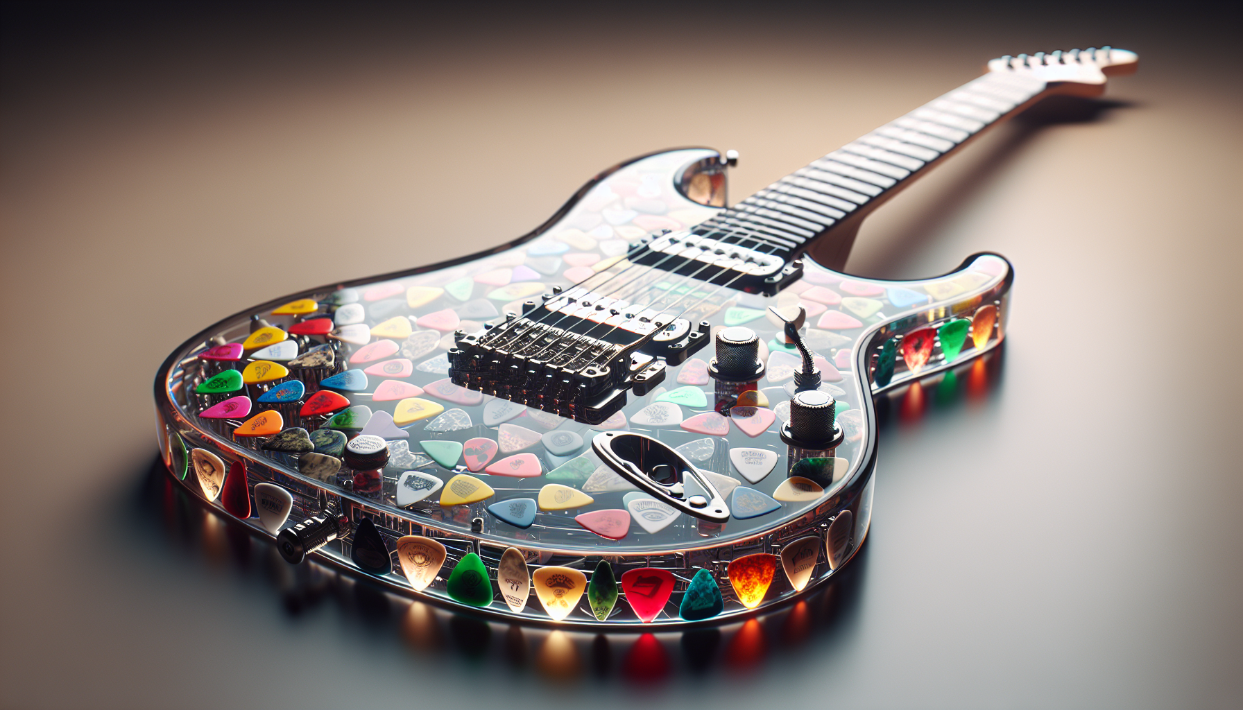 Photorealistic image of an electric guitar with a fully transparent body, showing the internal electronics and chrome hardware. The pickguard is entirely a mosaic made from an assortment of colorful guitar picks (plectrums) arranged tightly into a vibrant pattern. Picks vary in color (red, orange, yellow, green, blue, purple), material (celluloid, acrylic), shape, and size; their glossy surfaces catch reflections, creating a lively, kaleidoscopic mosaic across the pickguard. The guitar rests on a glossy studio surface with a neutral gradient backdrop. Lighting is soft and diffused with a subtle rim light to emphasize translucency and edge highlights. Camera angle is slightly above and to the side, using a 50mm lens for a shallow depth of field that keeps the mosaic in sharp focus while the background remains softly blurred. High detail, ultra-realistic, 4K quality. 16:9 aspect ratio.