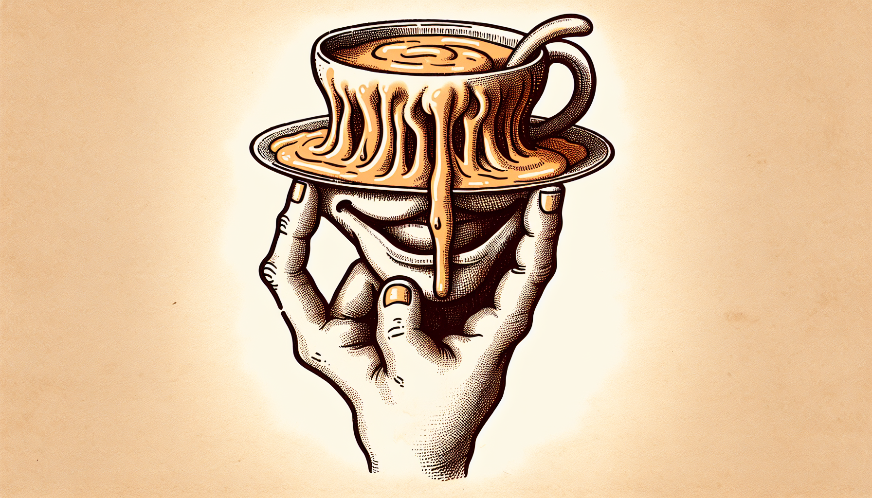 A character with a teacup shaped head. He has his fingers in the corners of his mouth pulling it upwards into a smile. What’s in hours head is melting and spilling over the side