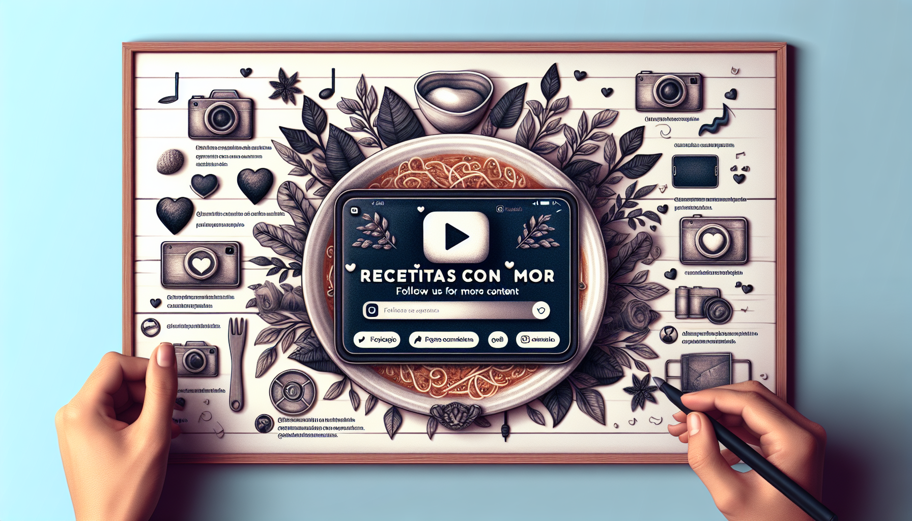 Crear imagen de palabra recetitas con amor, síguenos para más contenido en Facebook, Instagram y TikTok, enfocado en un canal cocina, profesional, bonito.