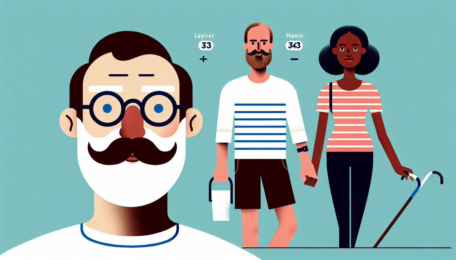 Make a landscape image about white man and black woman as couple spending time wandering.
White man: Skinny, glasses, lanky, pale, walrus mustache, 33 years old.