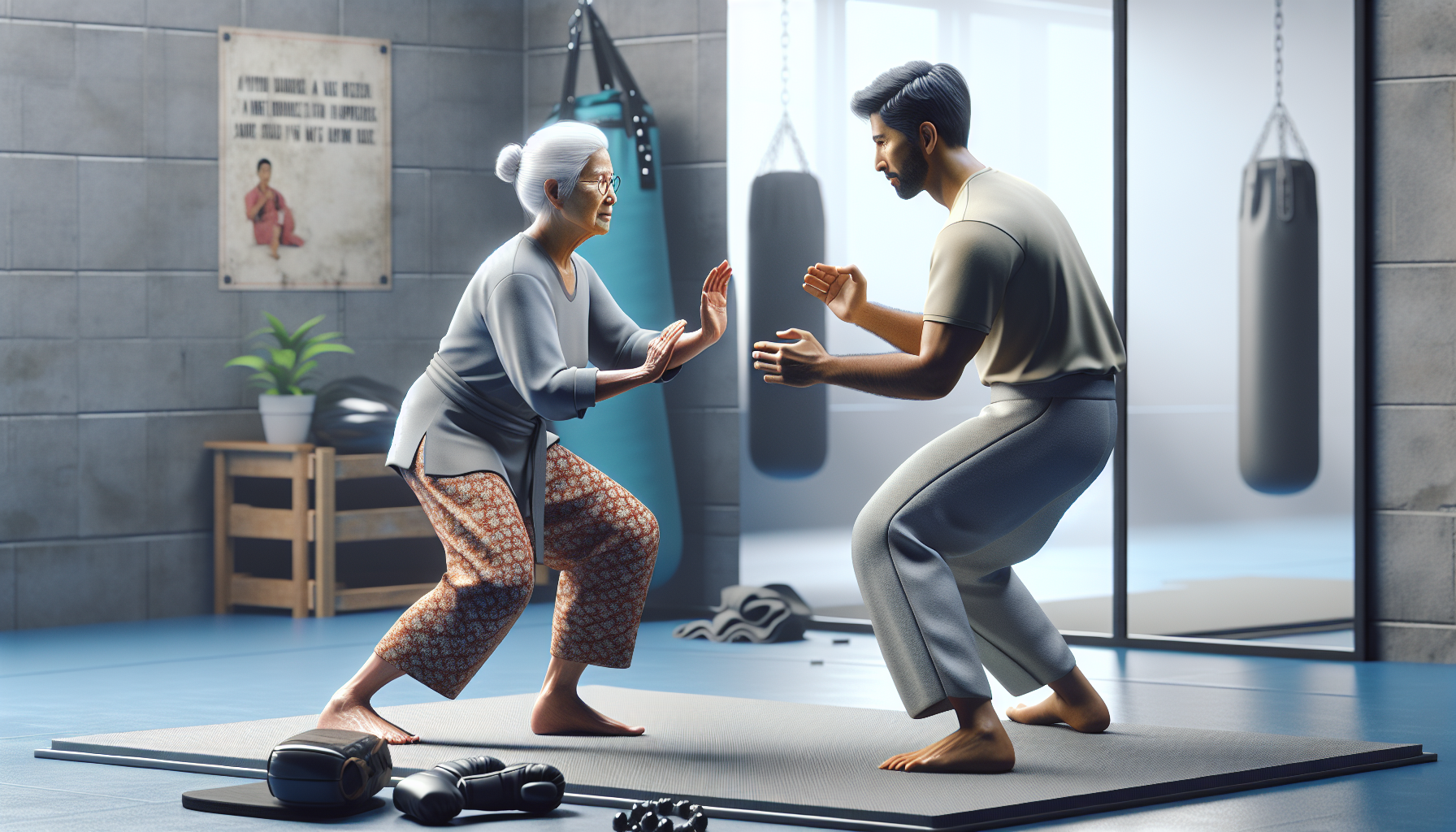 Barefoot Granny doing self-defence classes with male instructor.