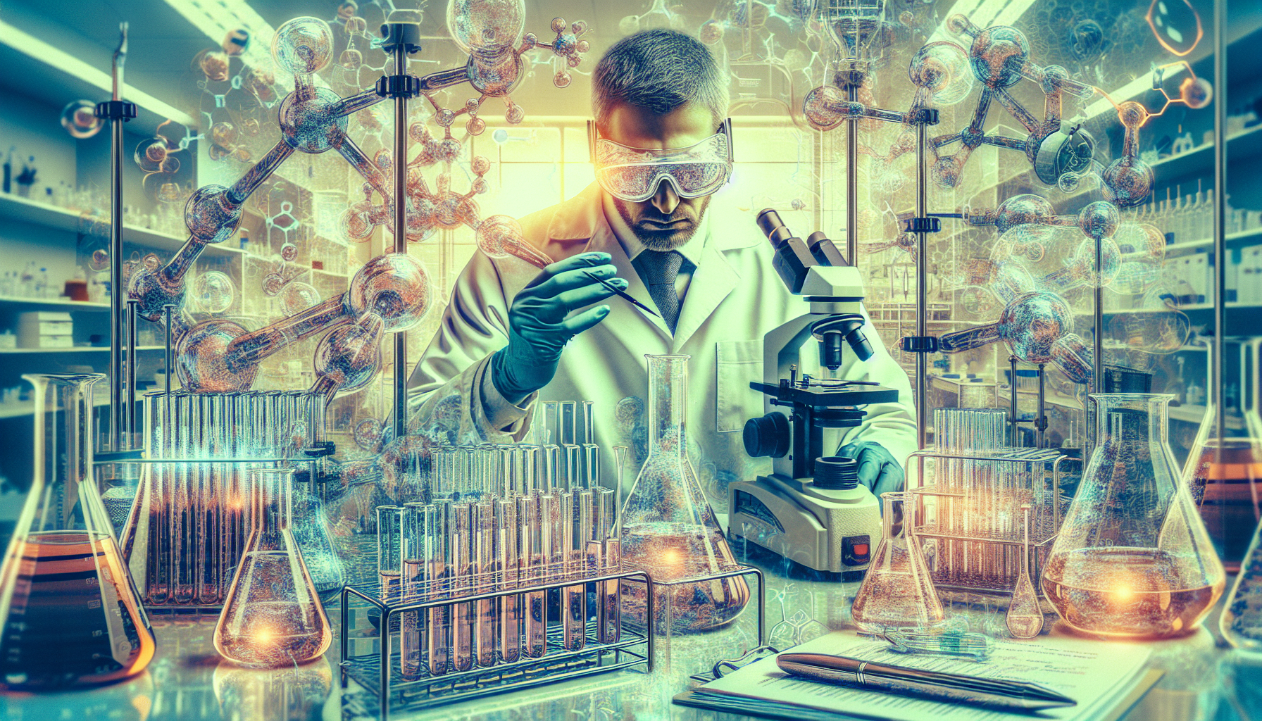 Create an image of a lab technician in a wet chemistry lab