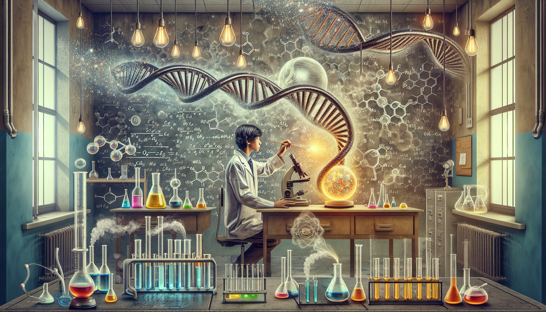 Create an image of a young lab technician of Indian origin in a chemistry lab