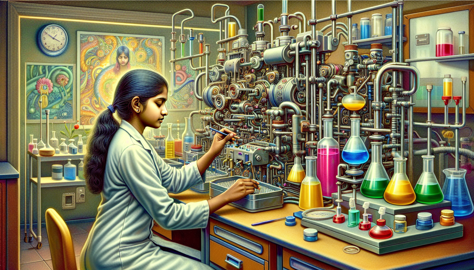 Create an image of young R&D technician of Indian origin working in a R&D pharma lab