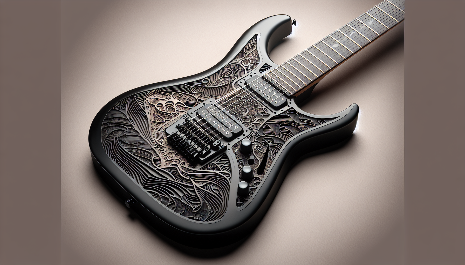 a black electric guitar with raised engraved abstract patterns
